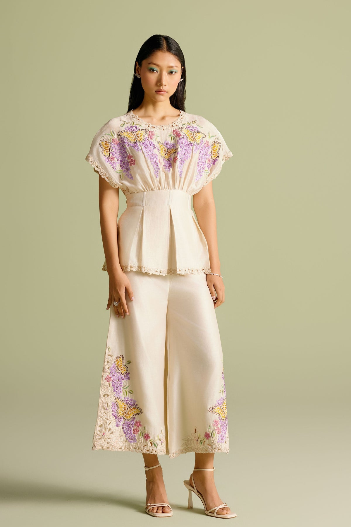 Ivory Butterfly Mosaic Pleated Top