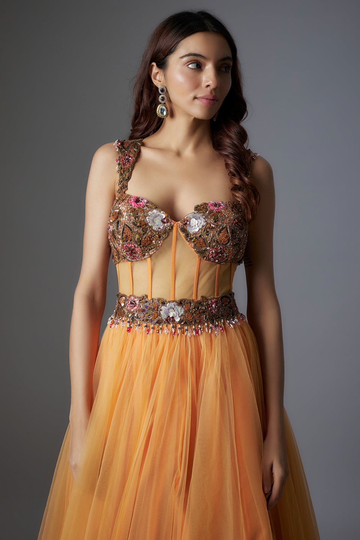 Orange Botanical Printed Corset Gown