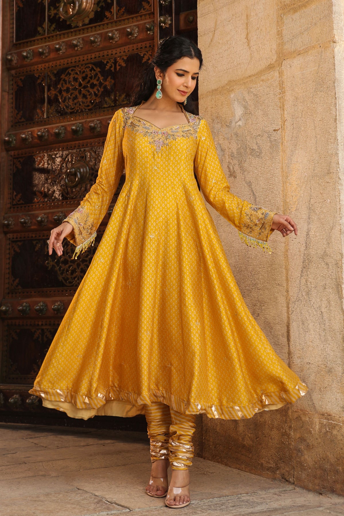 Riwayat Printed Mustard Anarkali Set