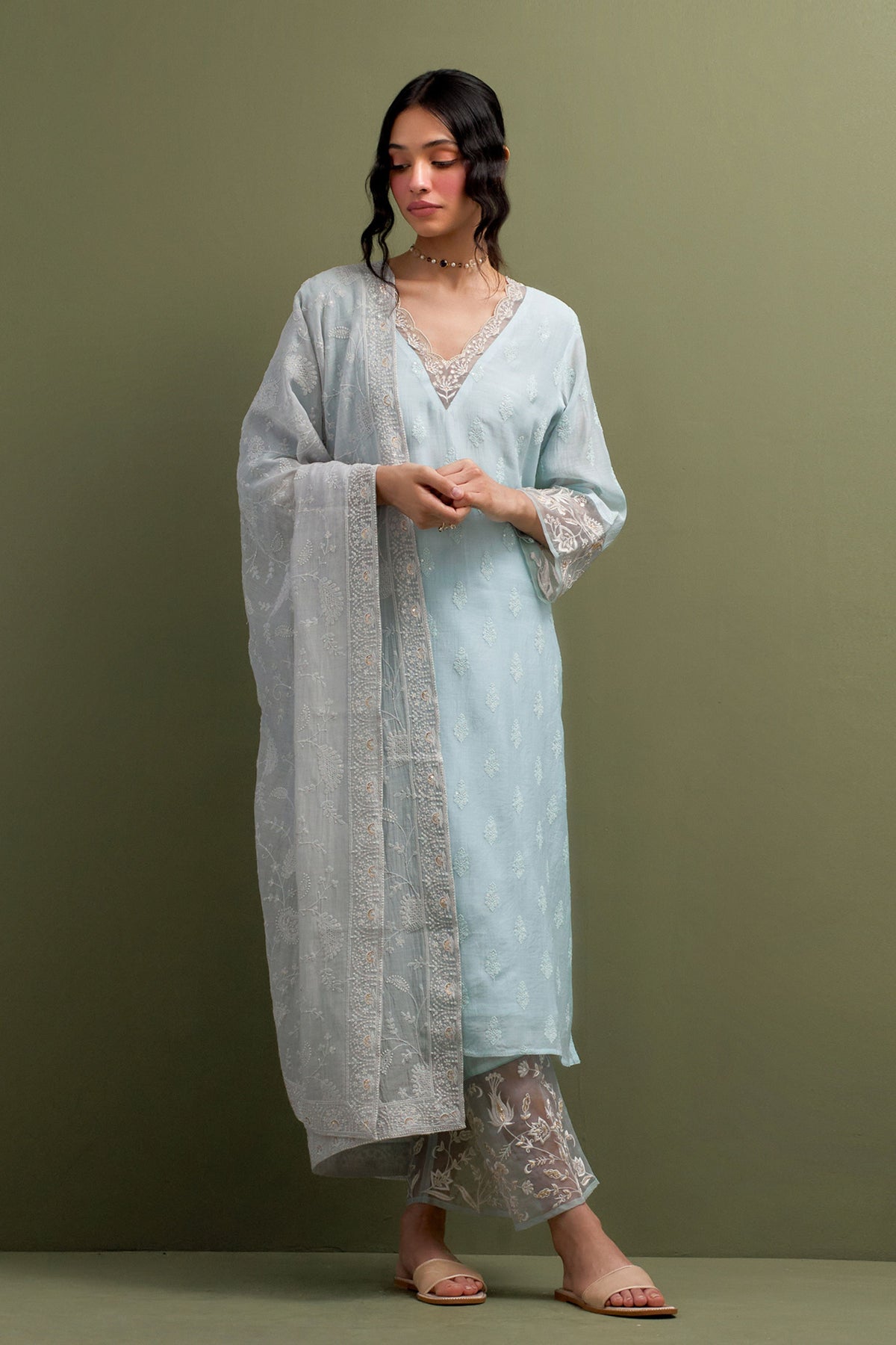 Blue V Neck Embroidered Kurta Set With Dupatta