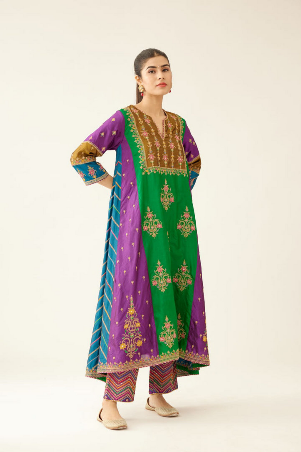 Multi Colored Panelled  Silk Kurta Set