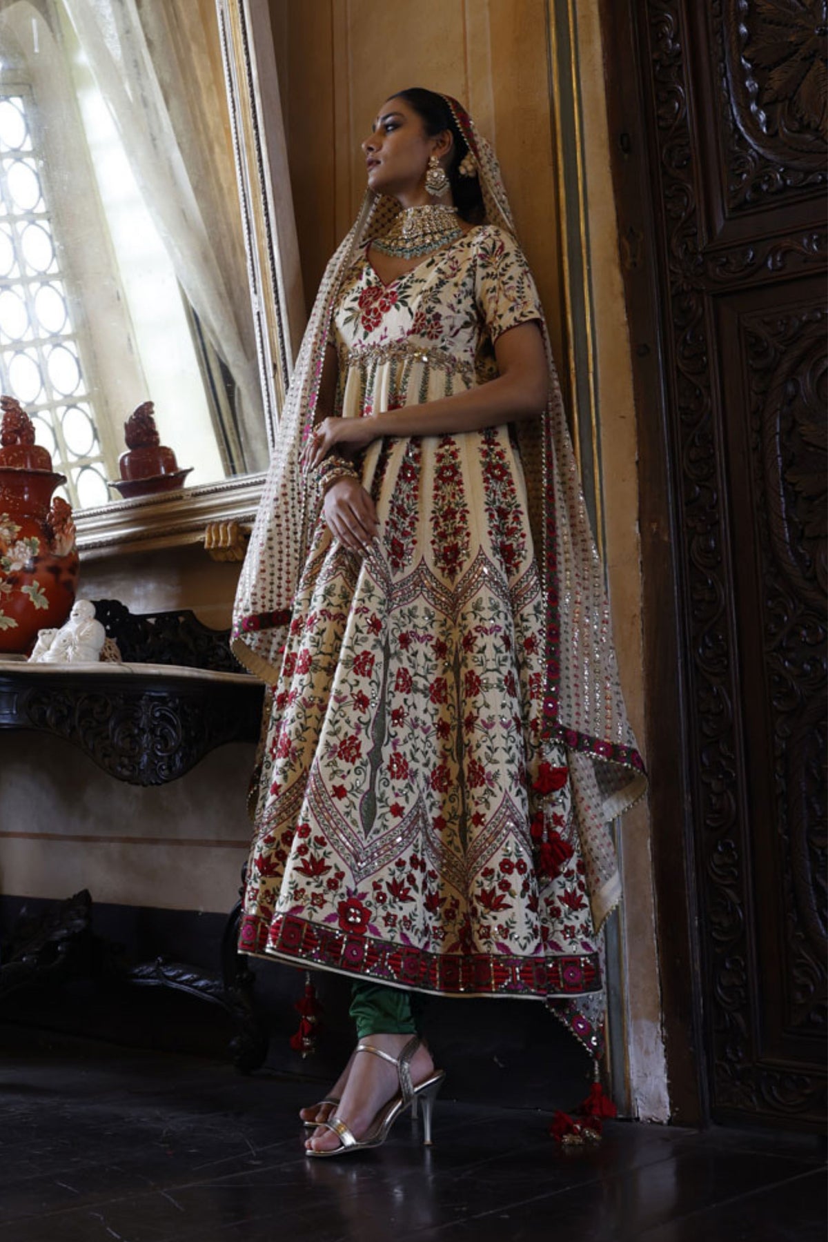 Ivory Kalidaar with Green Churidar and Ivory Dupatta