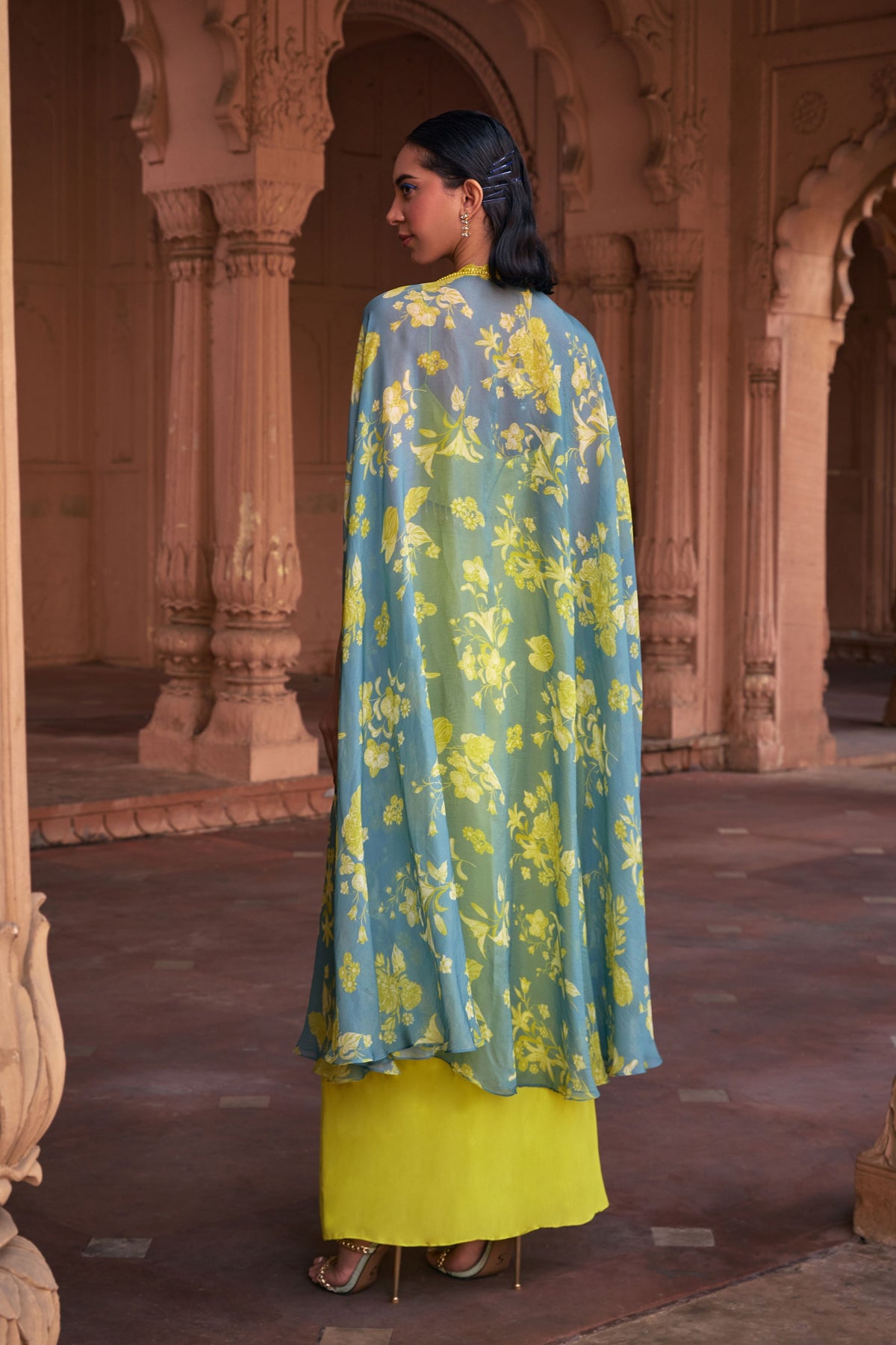 Lime Yellow Embroidered Cape Set