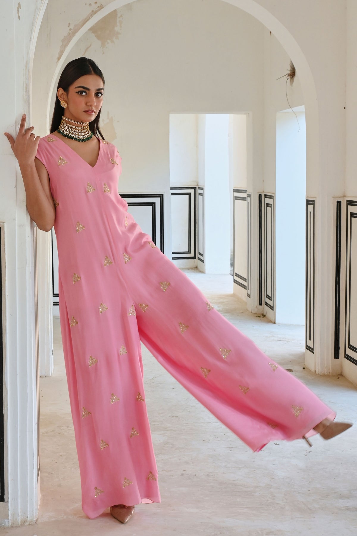 Baby Pink Embroidered Jumpsuit