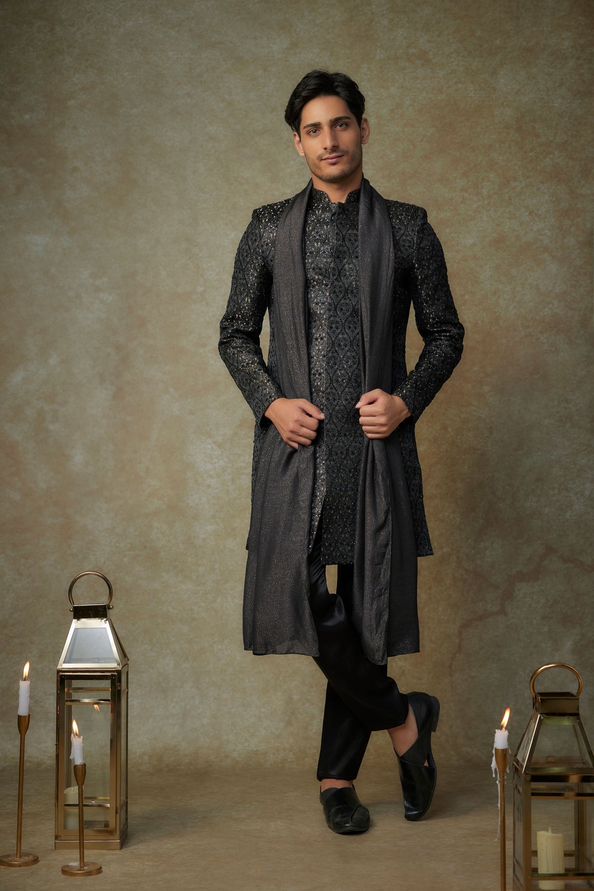 Black Embroidered Sherwani Set