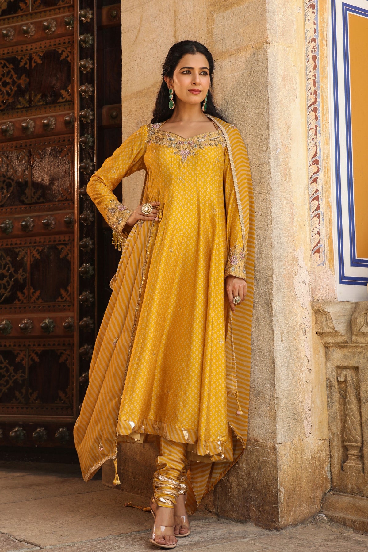 Riwayat Printed Mustard Anarkali Set