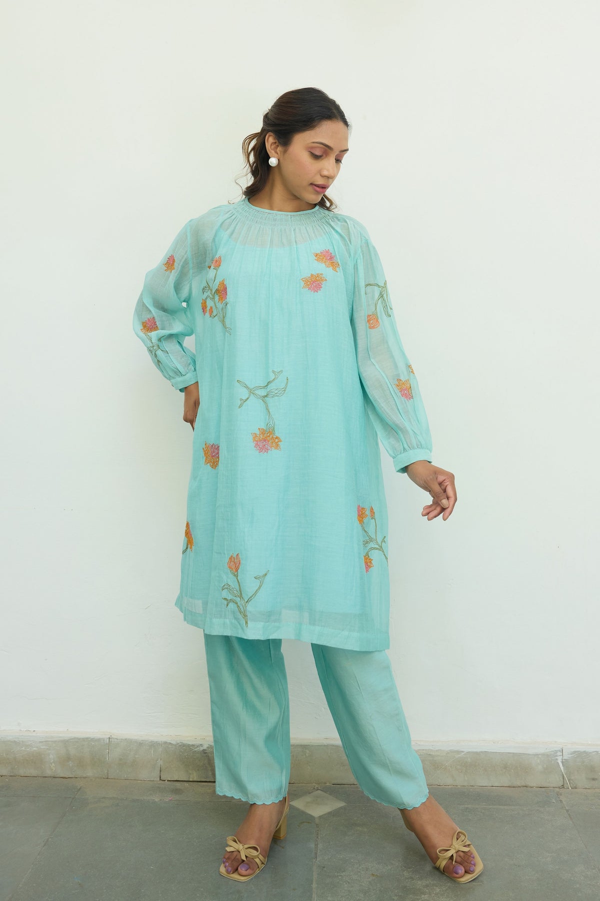 Embroidered Turquoise Chanderi Tunic