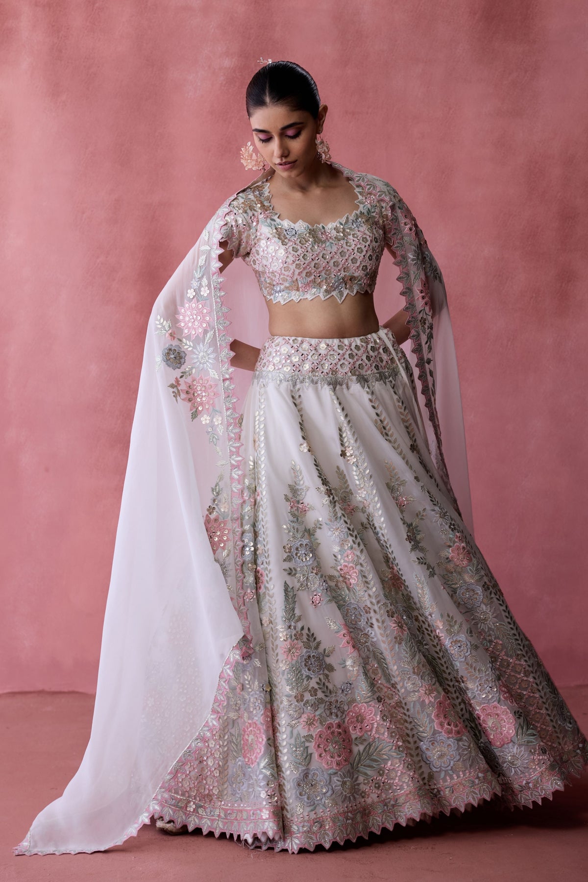 White Mirror Work Lehenga Set