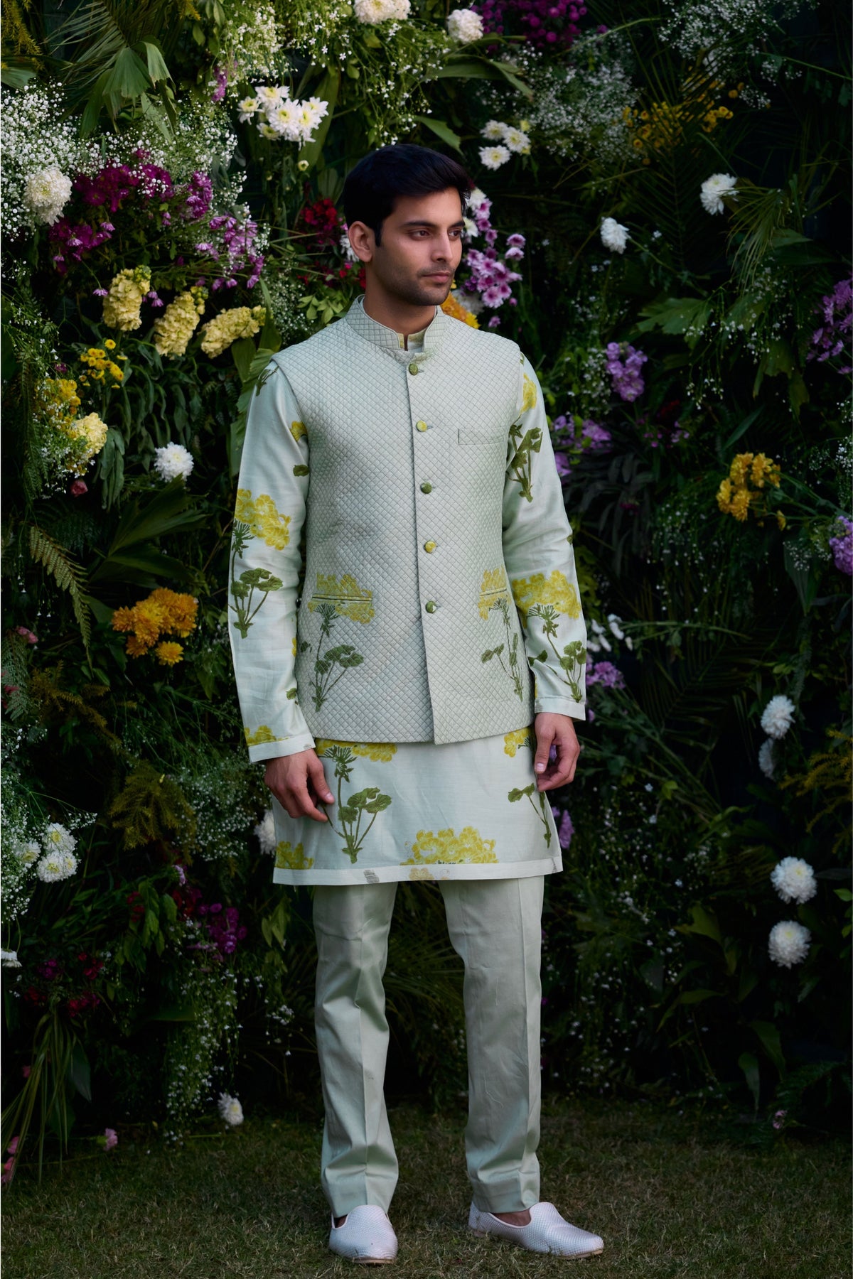 Mist green waist coat with kurta Set