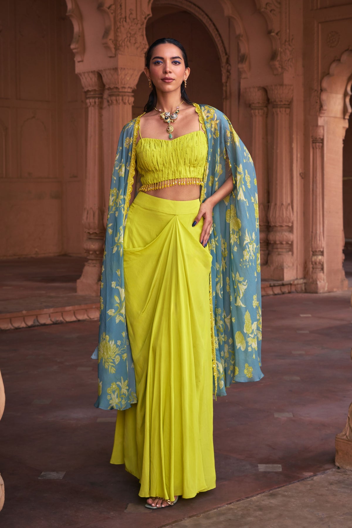 Lime Yellow Embroidered Cape Set