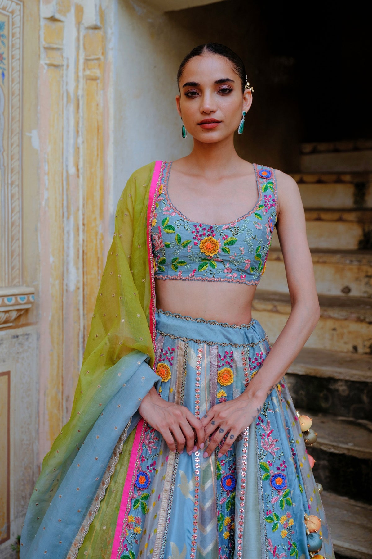 Blue Floral Silk Lehenga Set