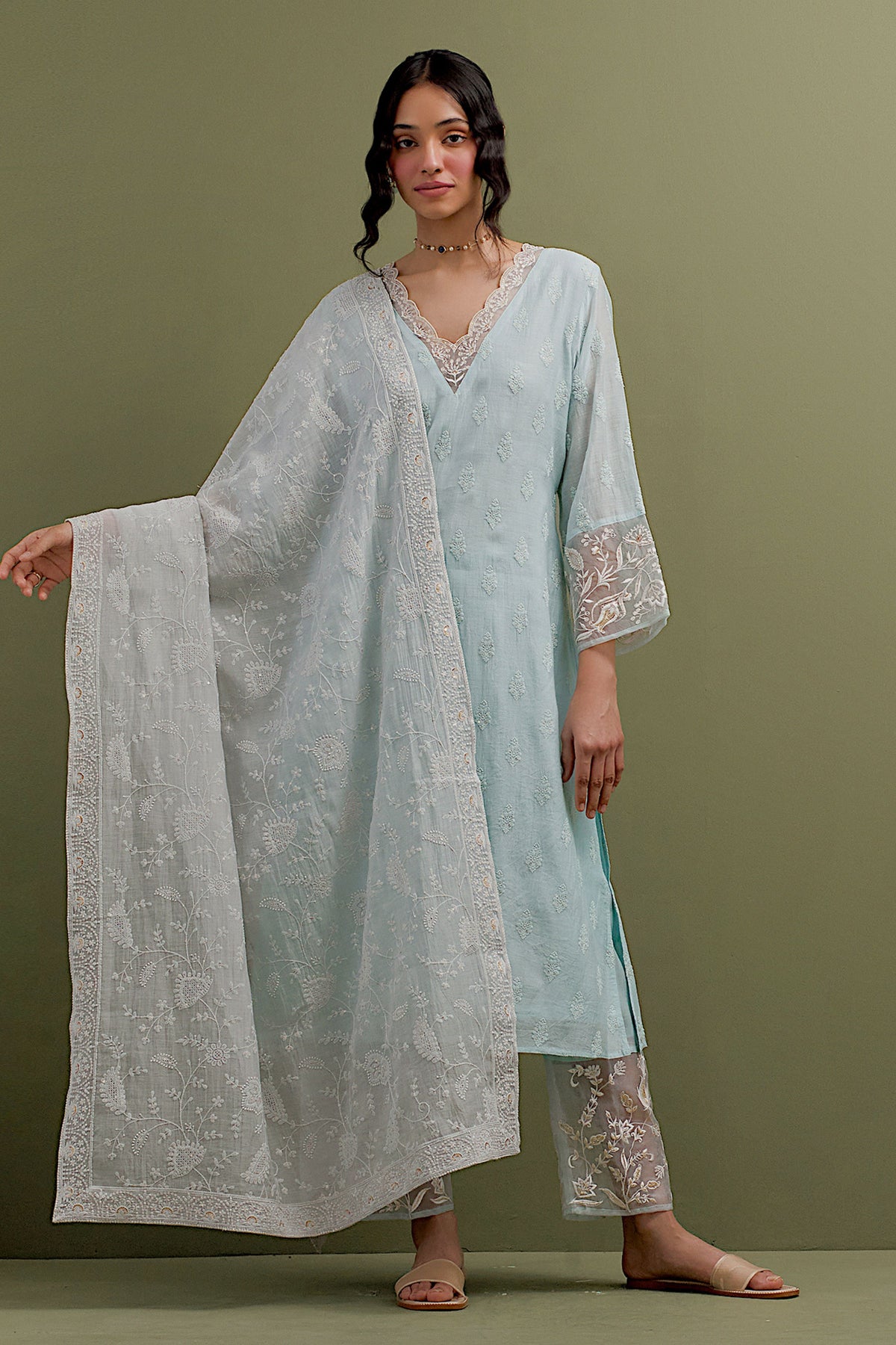 Blue V Neck Embroidered Kurta Set With Dupatta