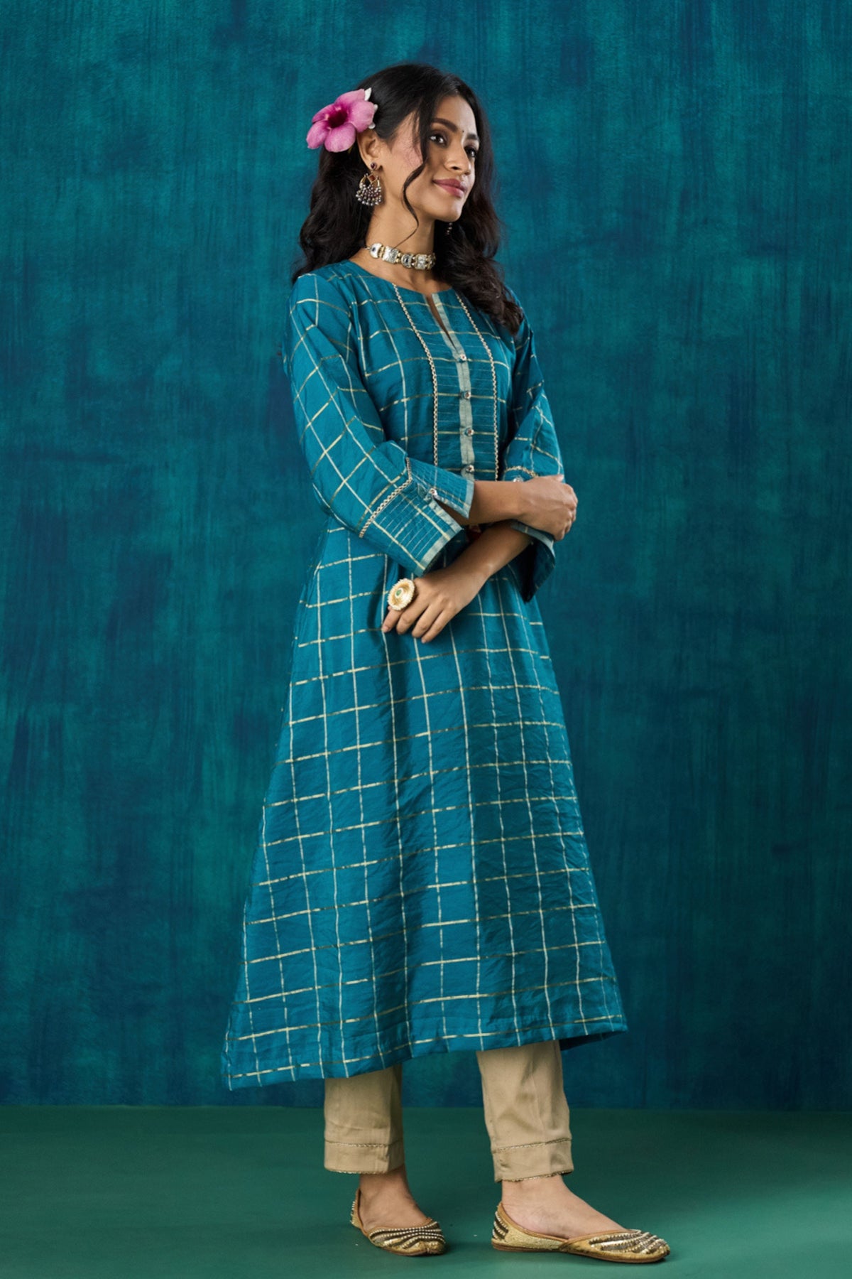 Turquoise Checks Kurta Sets