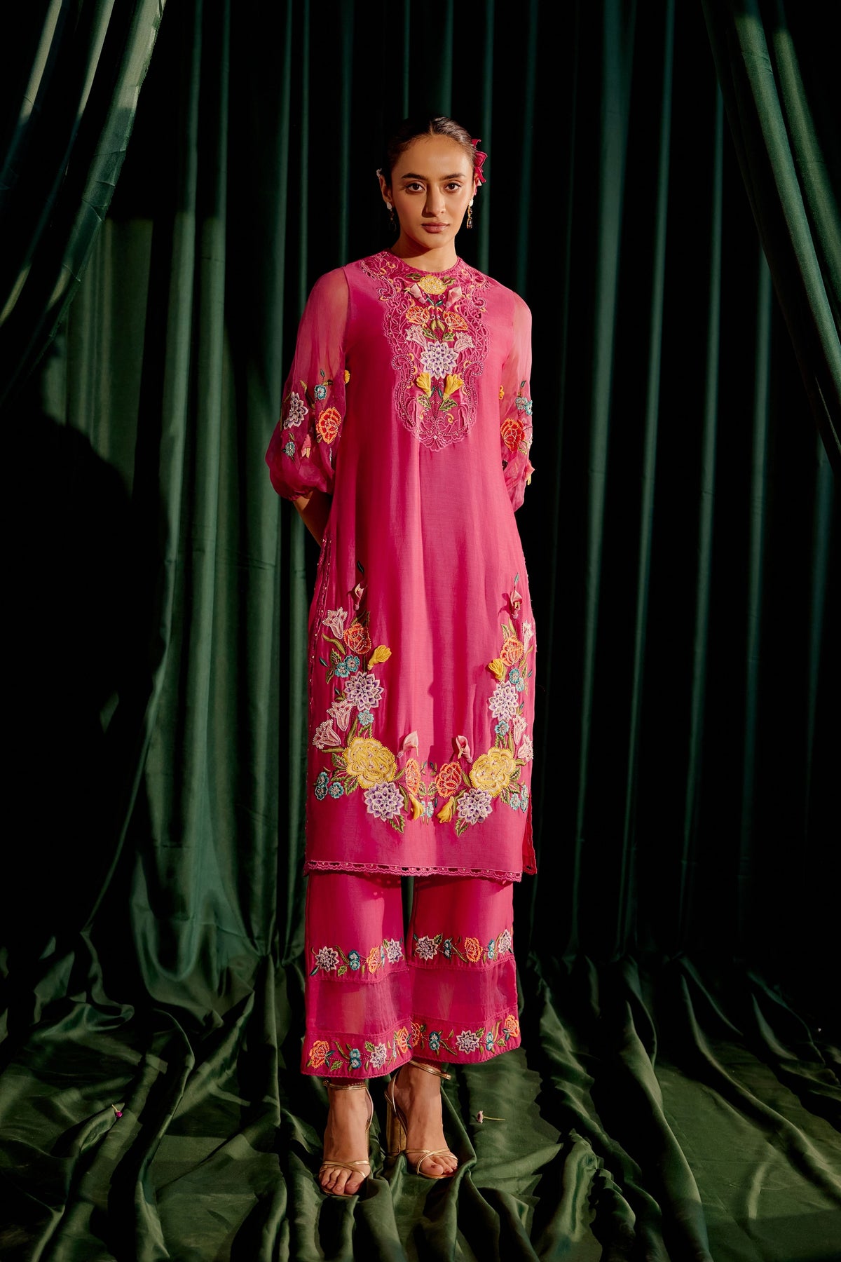 Fuchsia 3d Applique Kurta Set