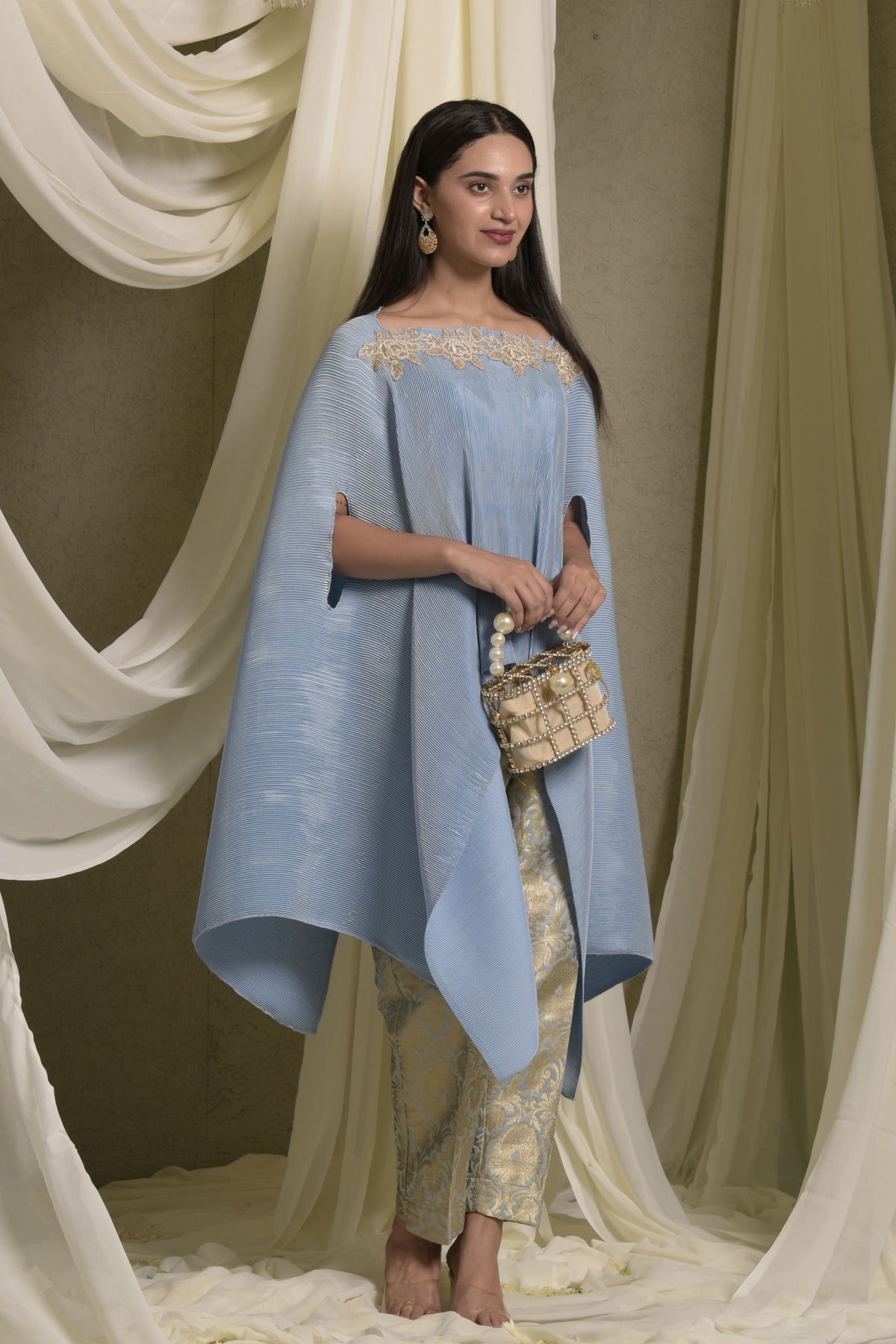 Powder Blue Divine Embroidered Cape Set