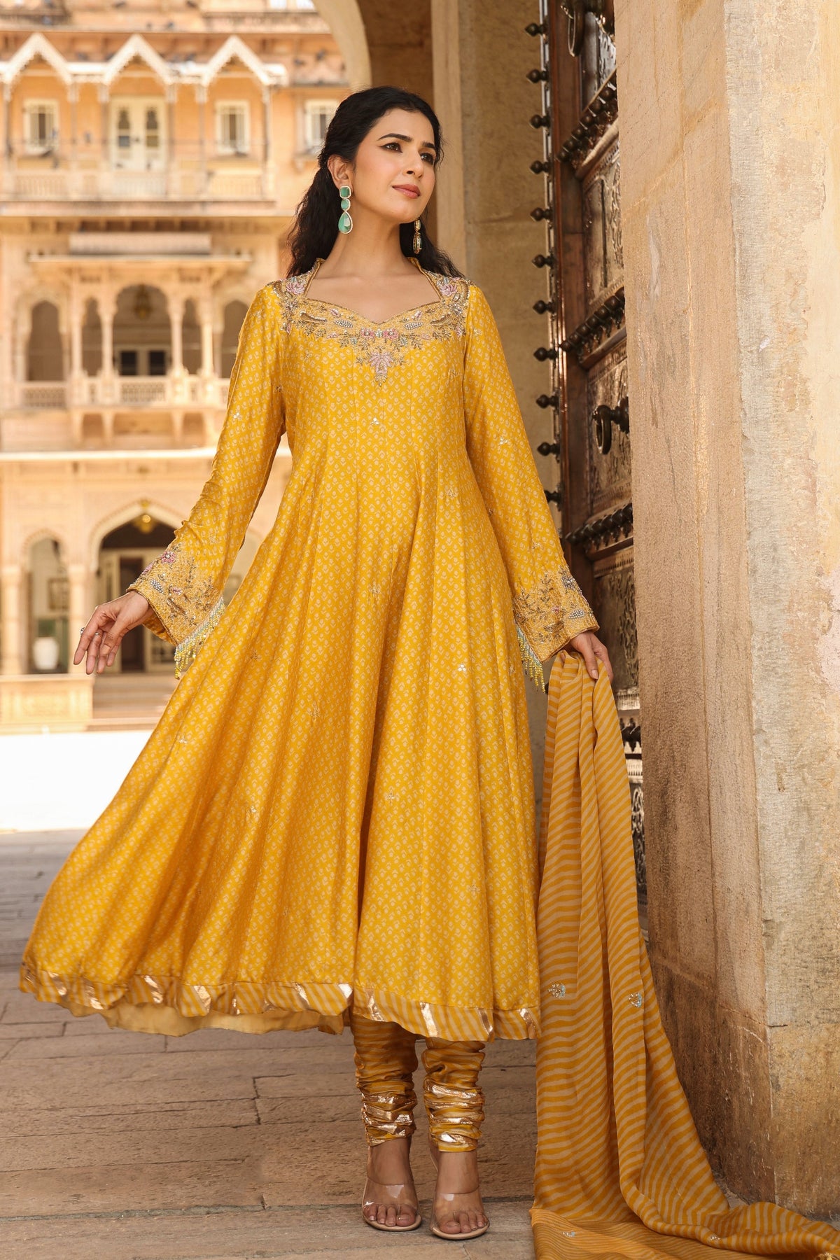 Riwayat Printed Mustard Anarkali Set