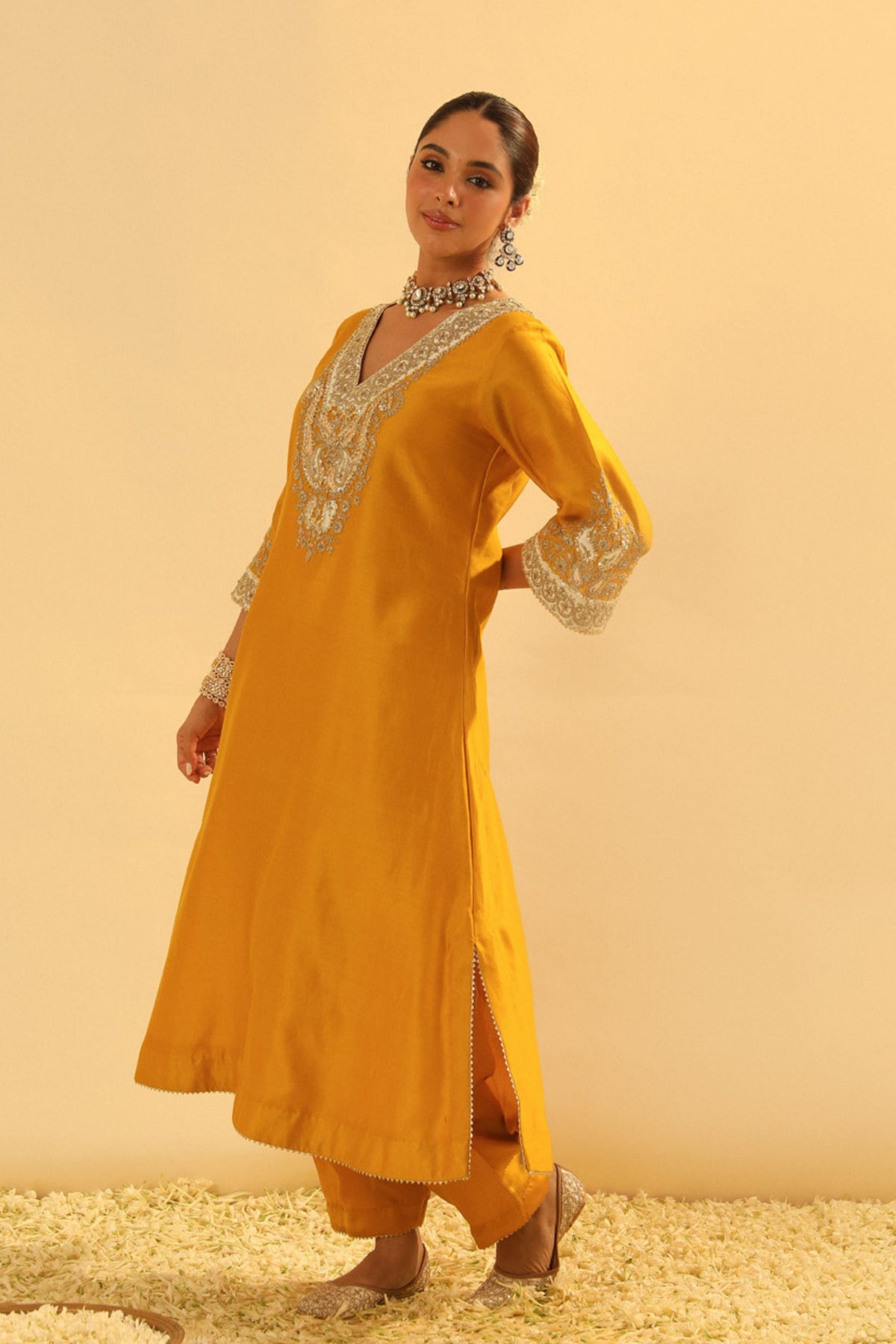 Shazana Mustard Long A-line Choga With Salwar