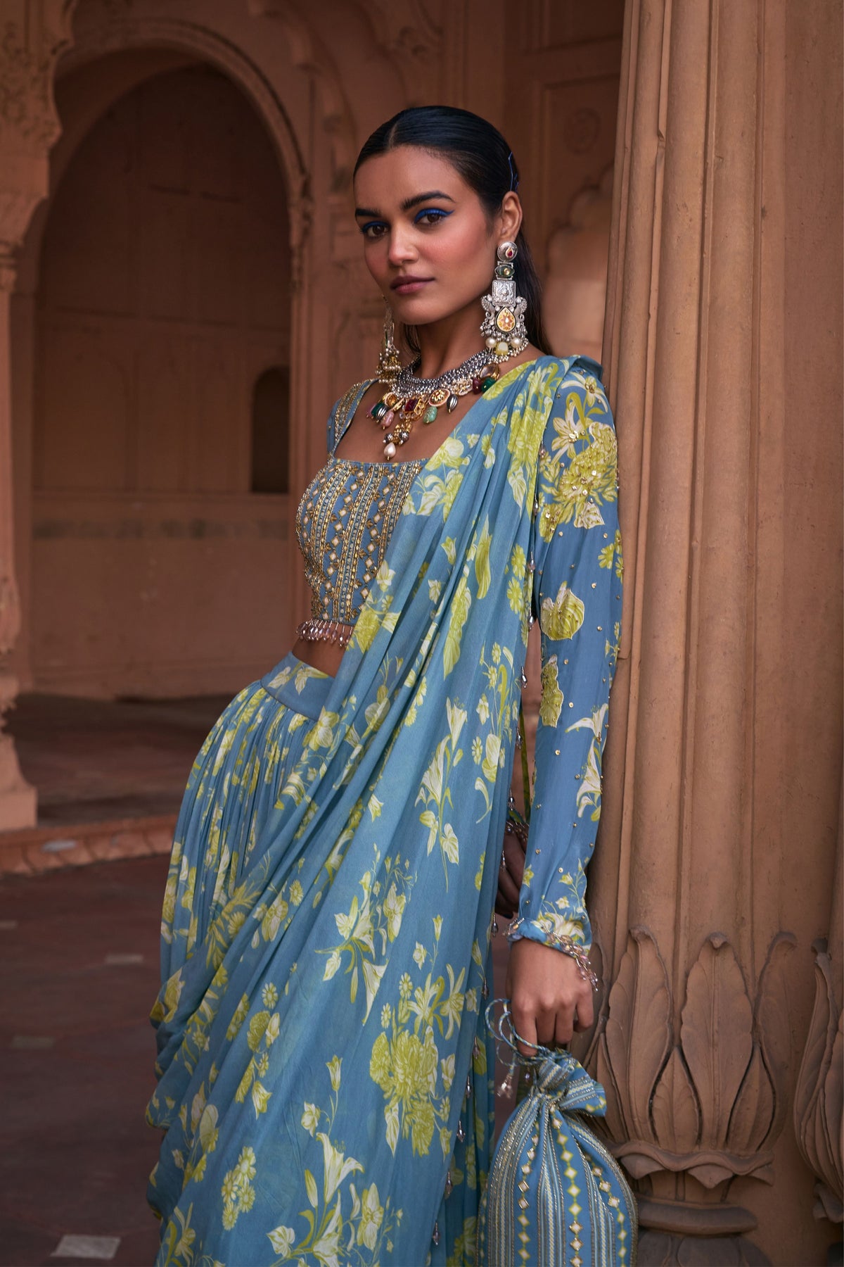 Blue Printed Draped Saree Set