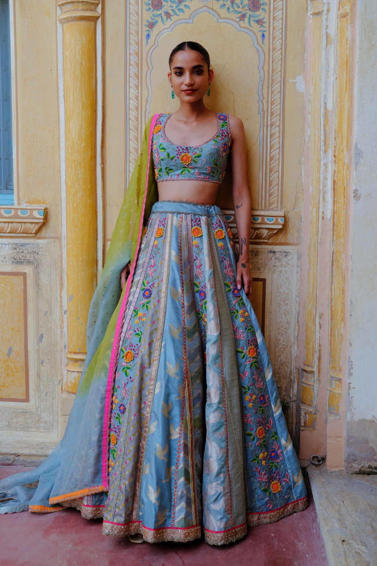 Blue Floral Silk Lehenga Set