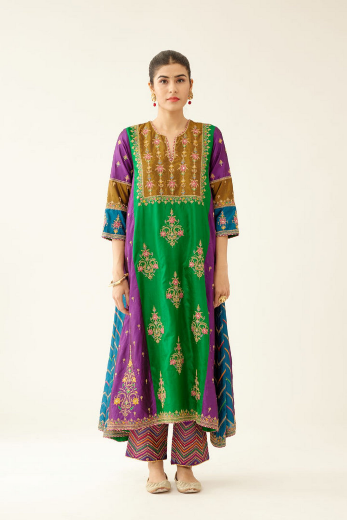 Multi Colored Panelled  Silk Kurta Set