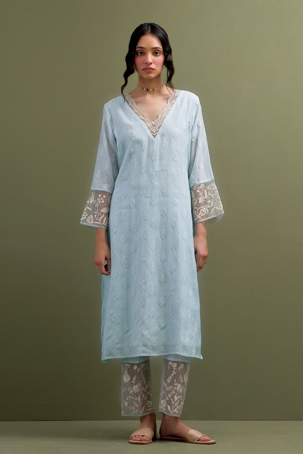 Blue V Neck Embroidered Kurta Set With Dupatta