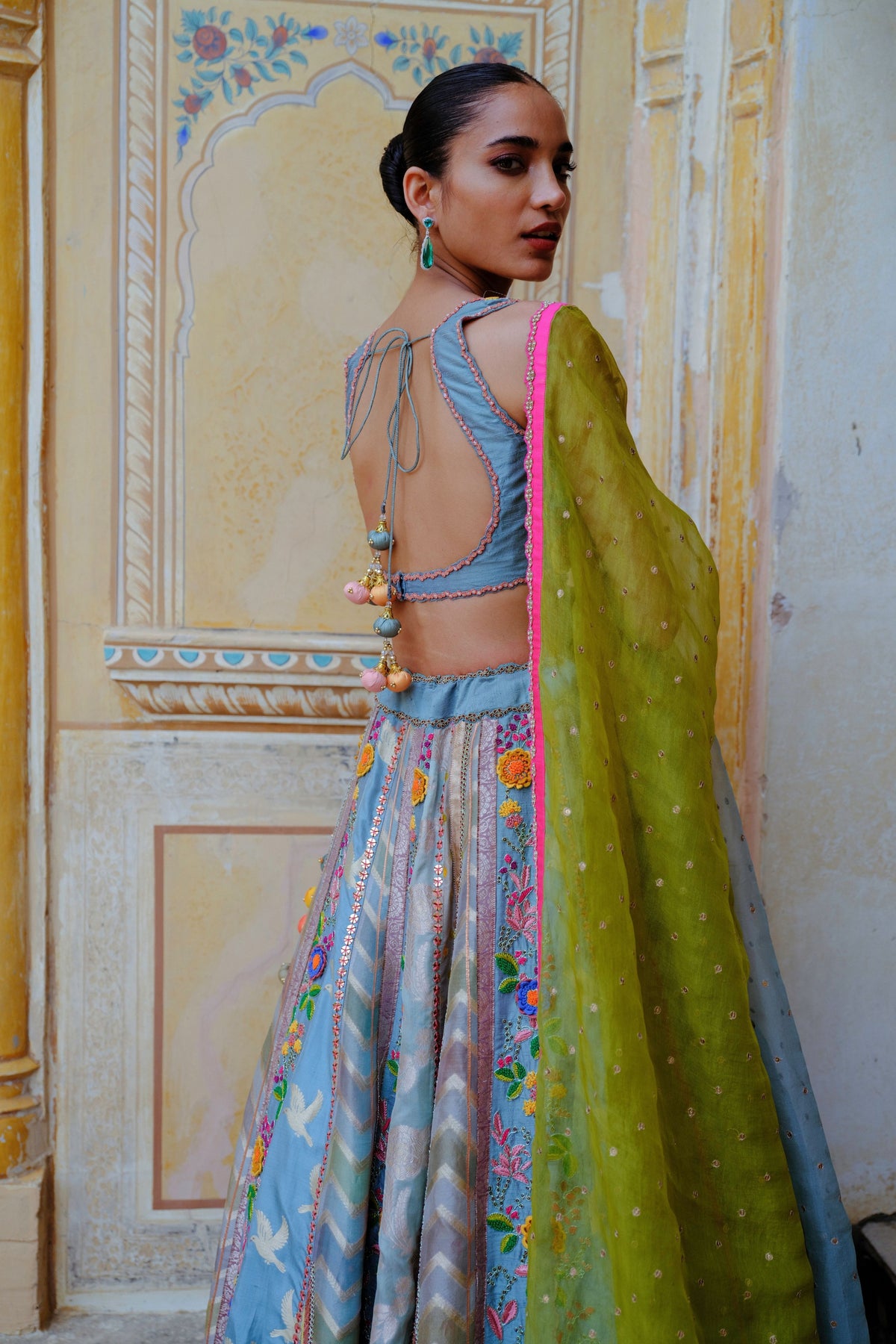 Blue Floral Silk Lehenga Set