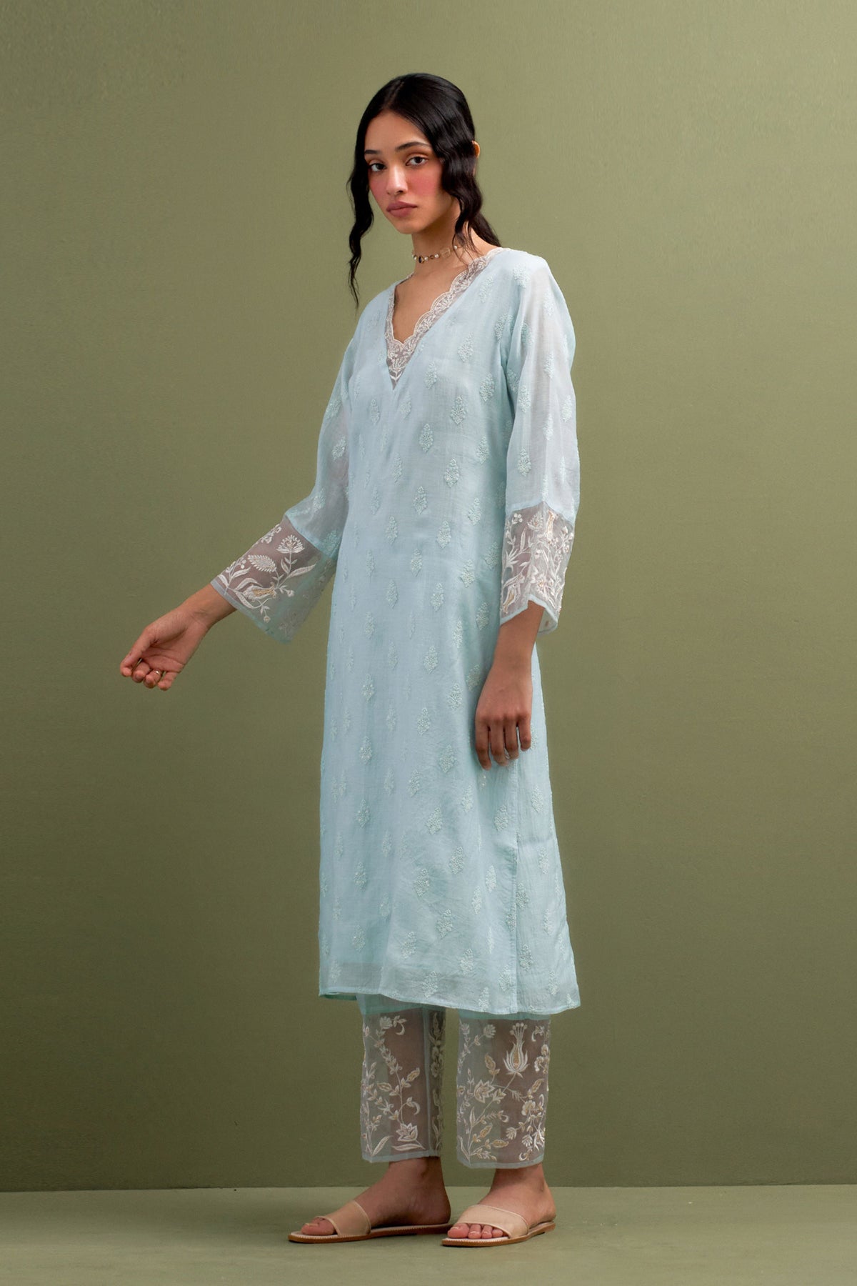 Blue V Neck Embroidered Kurta Set With Dupatta