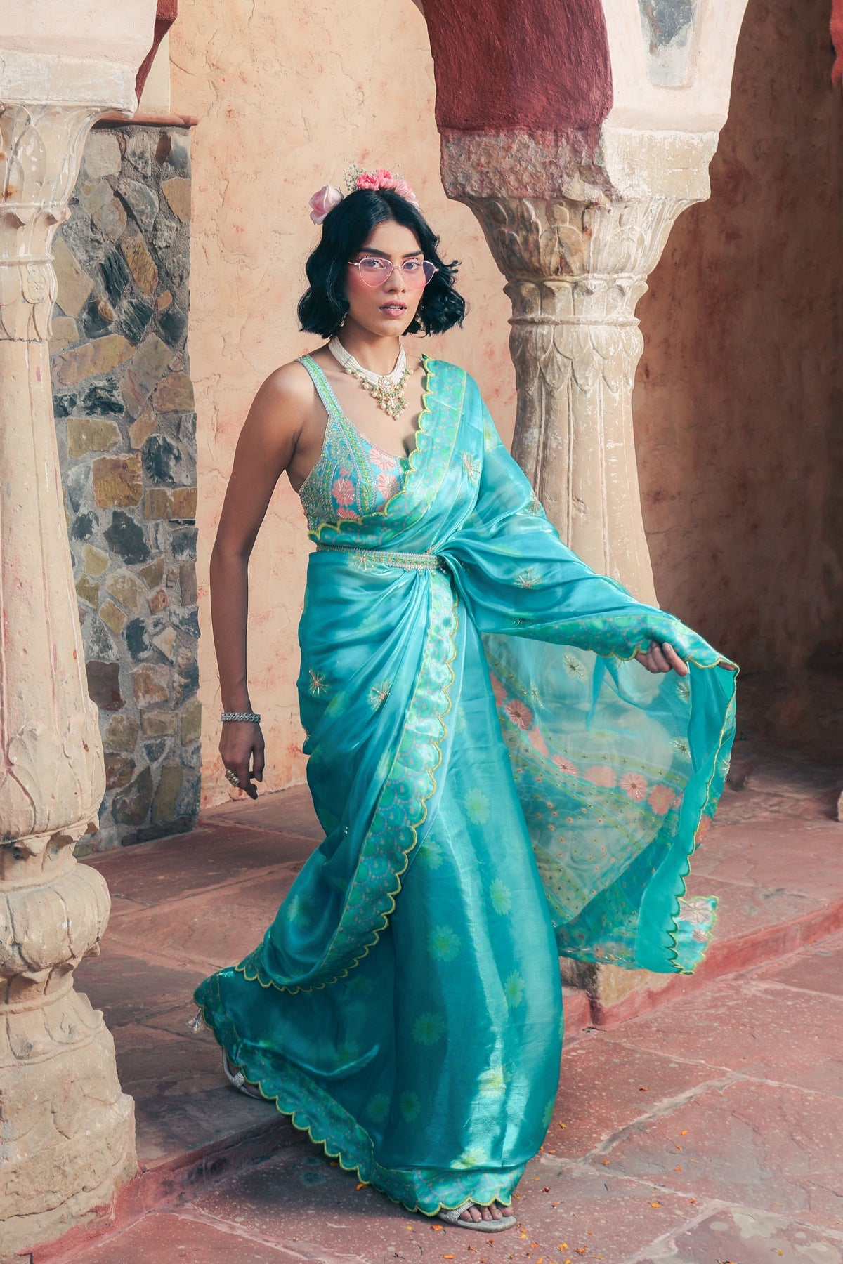 Aqua Embroidered and Printed Saree Set