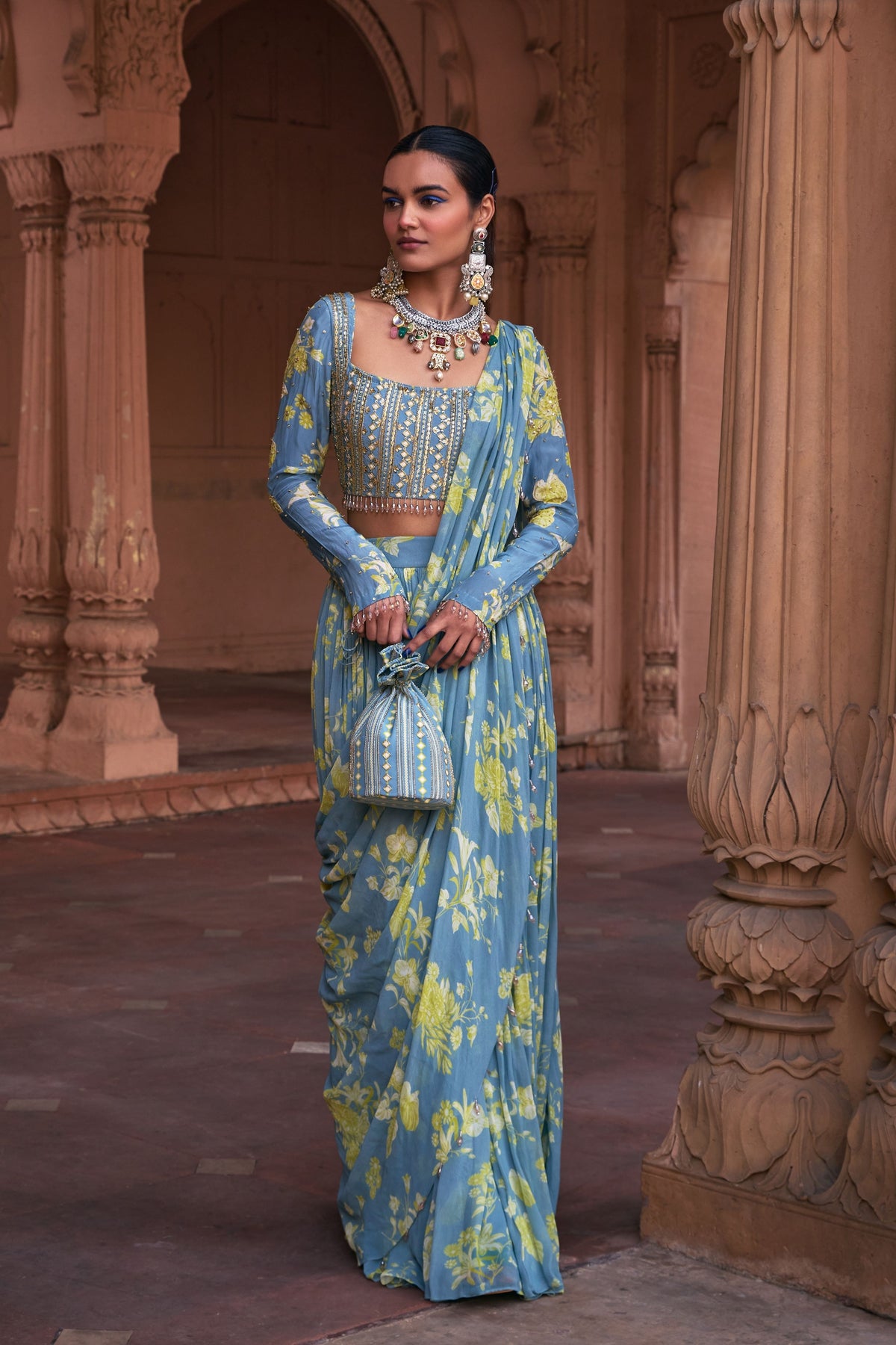 Blue Printed Draped Saree Set