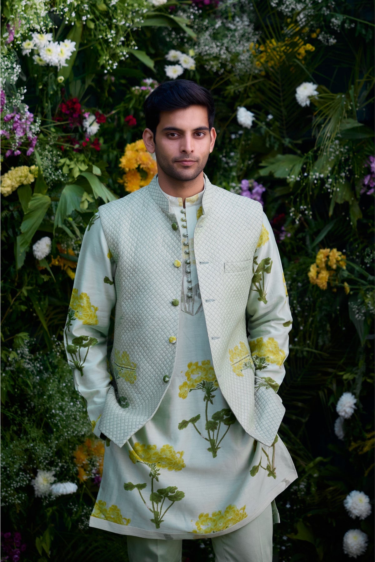 Mist green waist coat with kurta Set