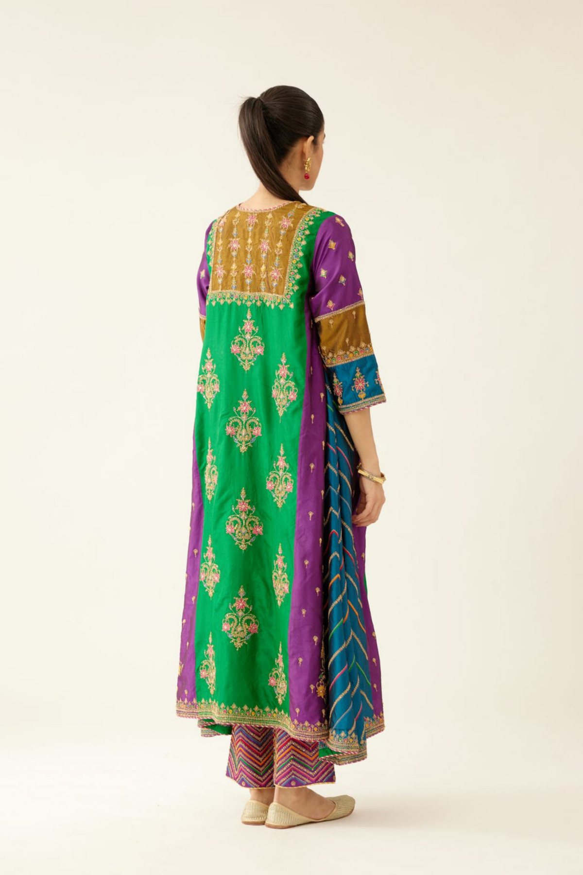 Multi Colored Panelled  Silk Kurta Set