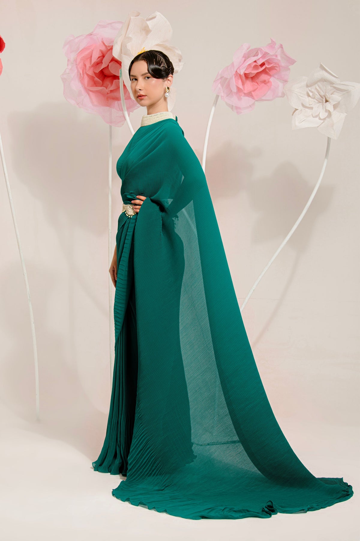 Pre-draped Teal Green Saree