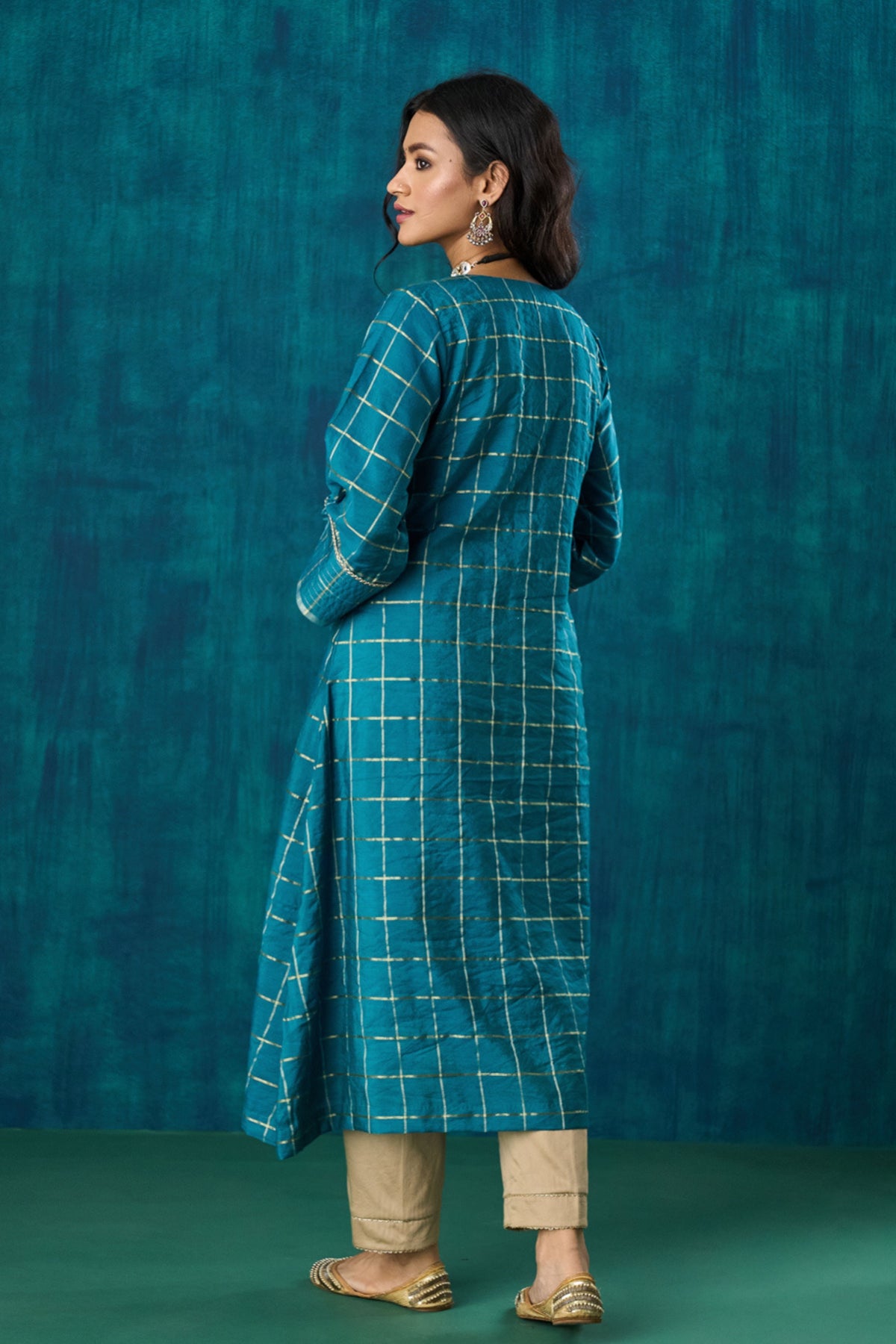 Turquoise Checks Kurta Sets