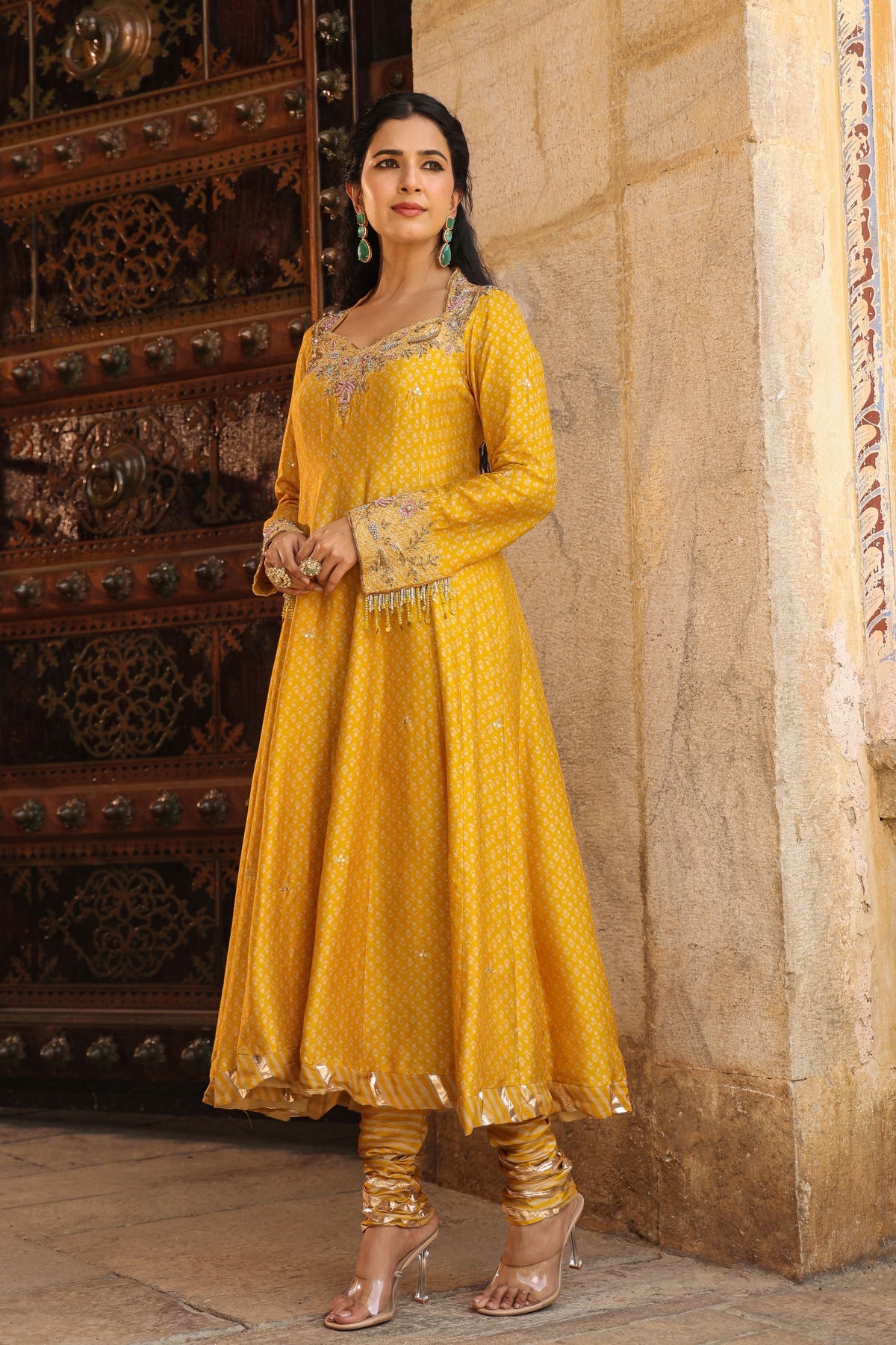 Riwayat Printed Mustard Anarkali Set