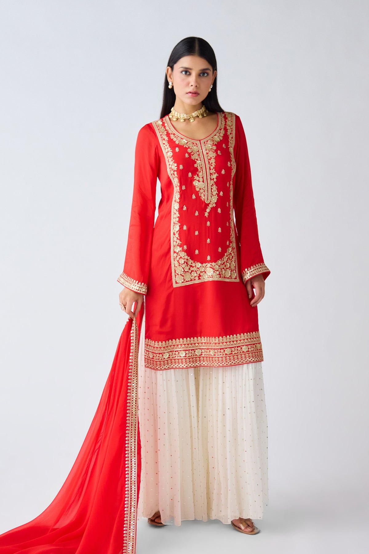 Red Zari Work Organza Sharara Set