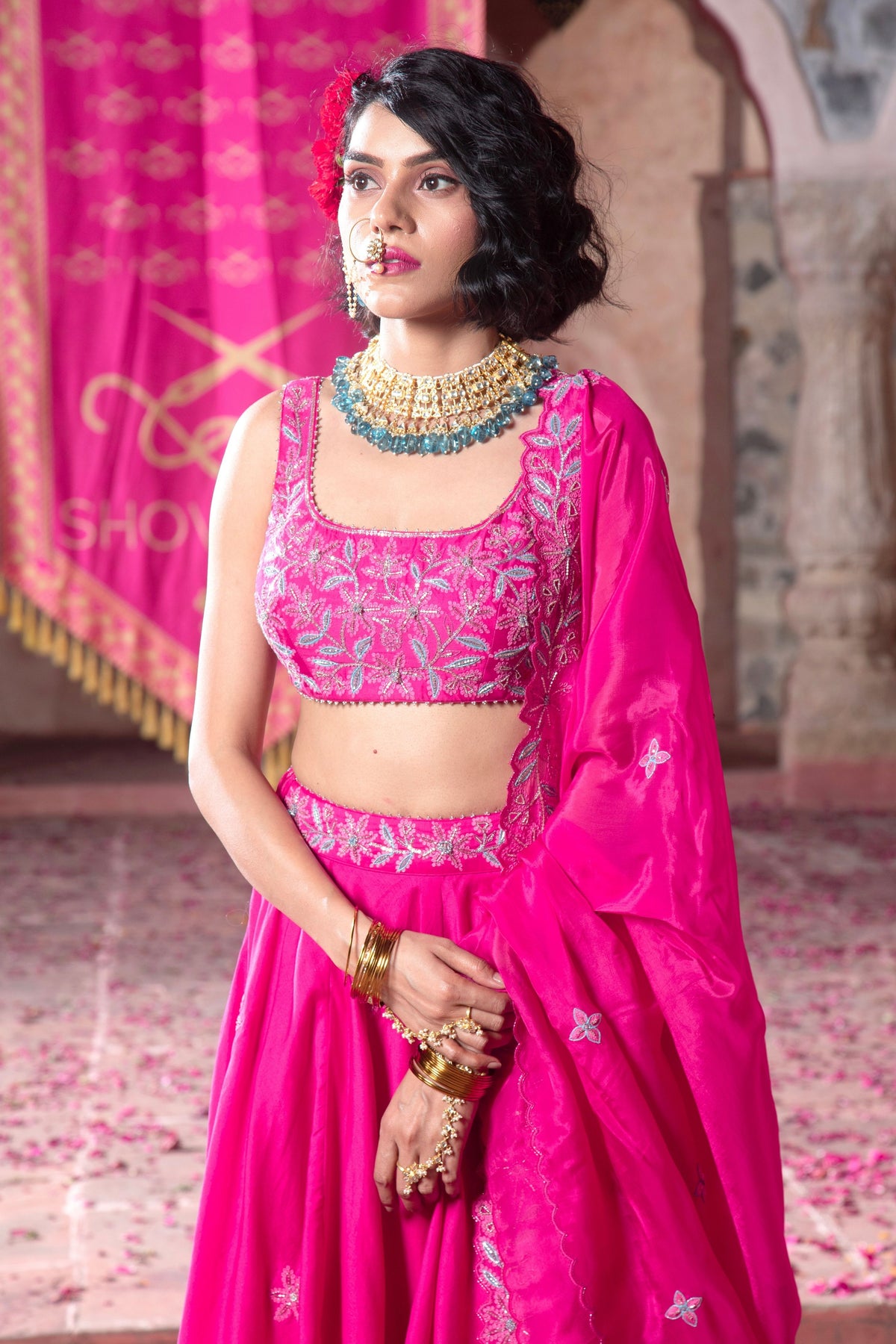 Hot Pink Embroidered Lehenga Set