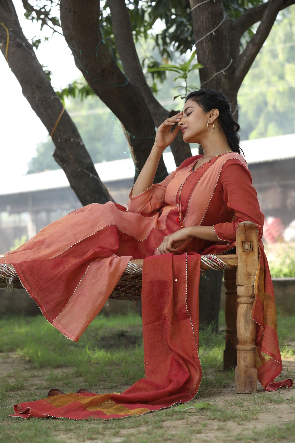 Red And Peach Kurta Set