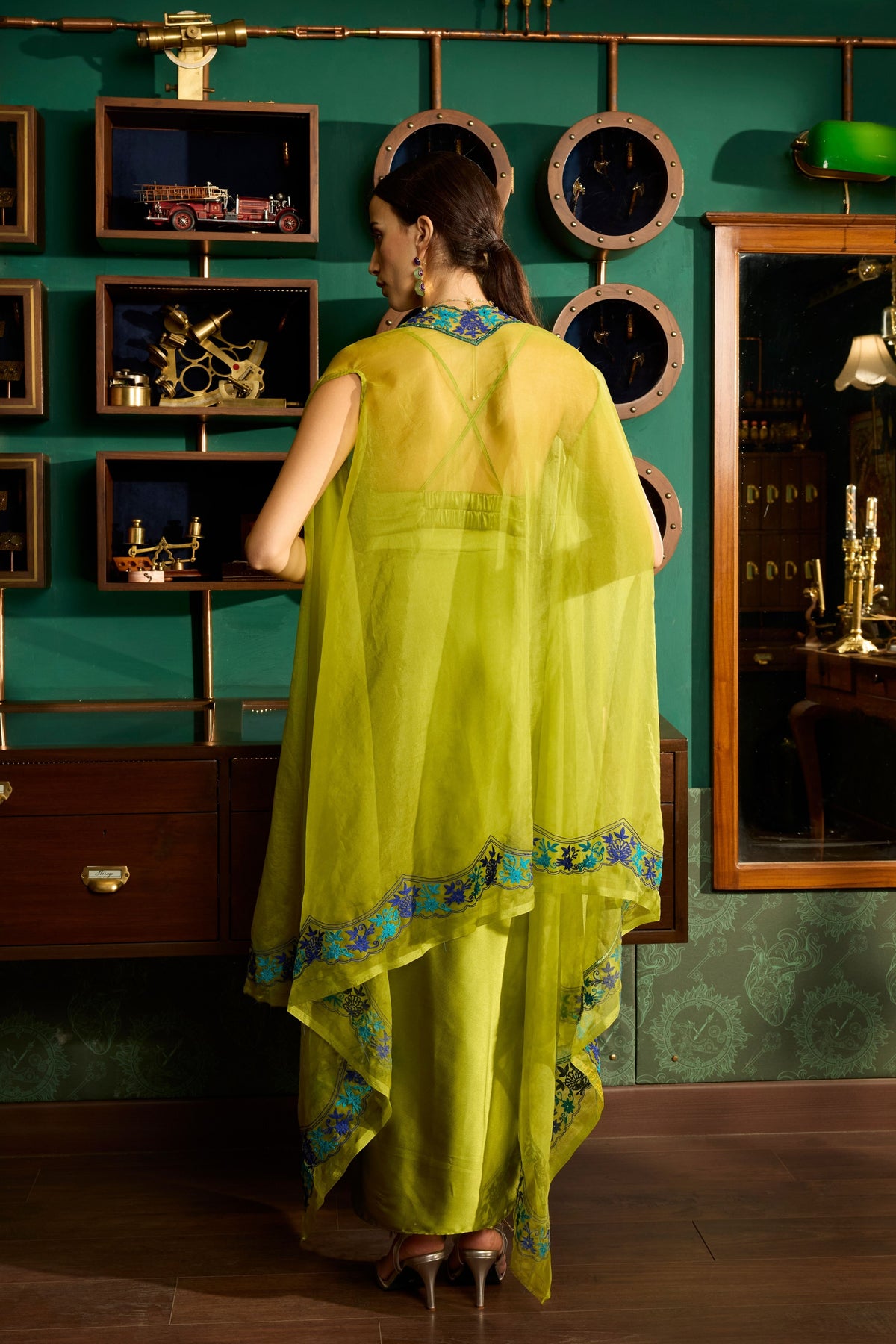 Green Embroidered Cape Set