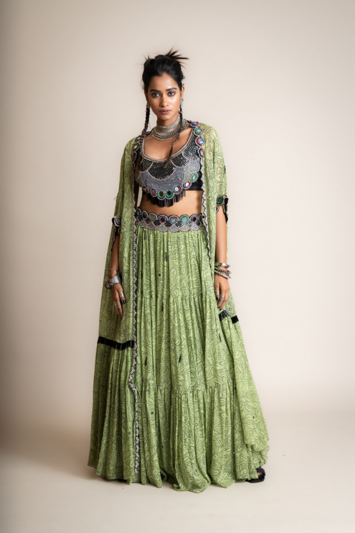 Green Frill Jacket And Tiered Lehenga