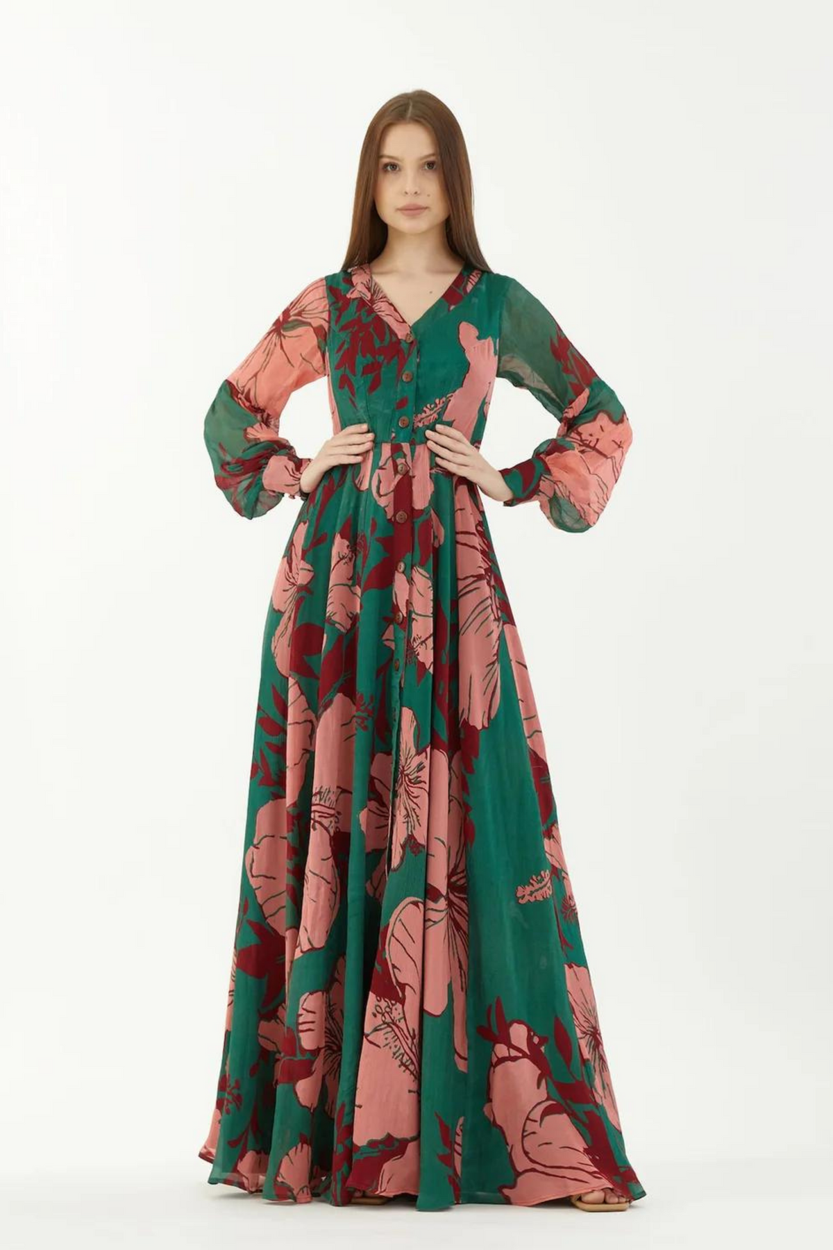 Green, Pink And Red Floral Long Shirt Dress