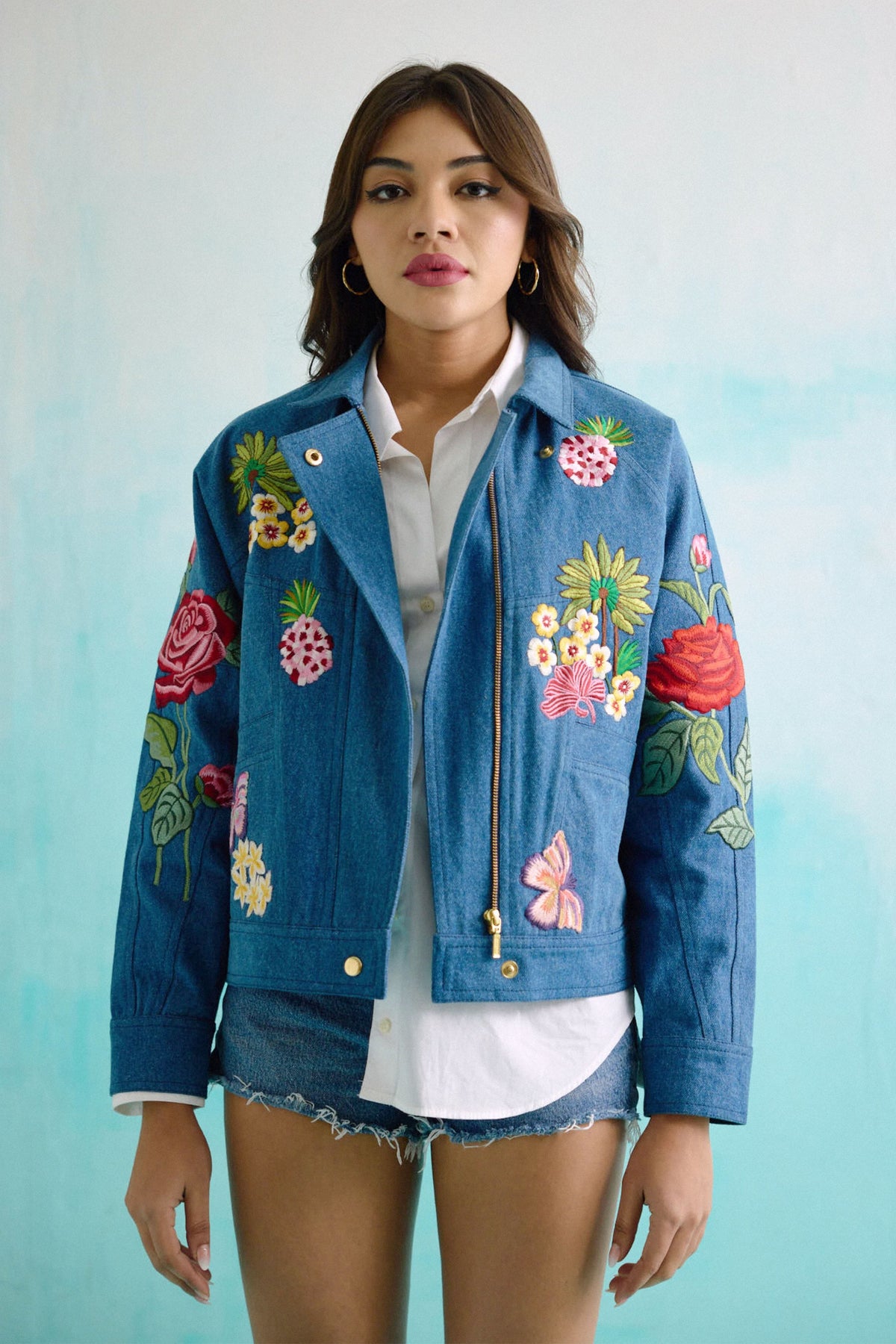 Denim Embroidered Floral Biker Jacket