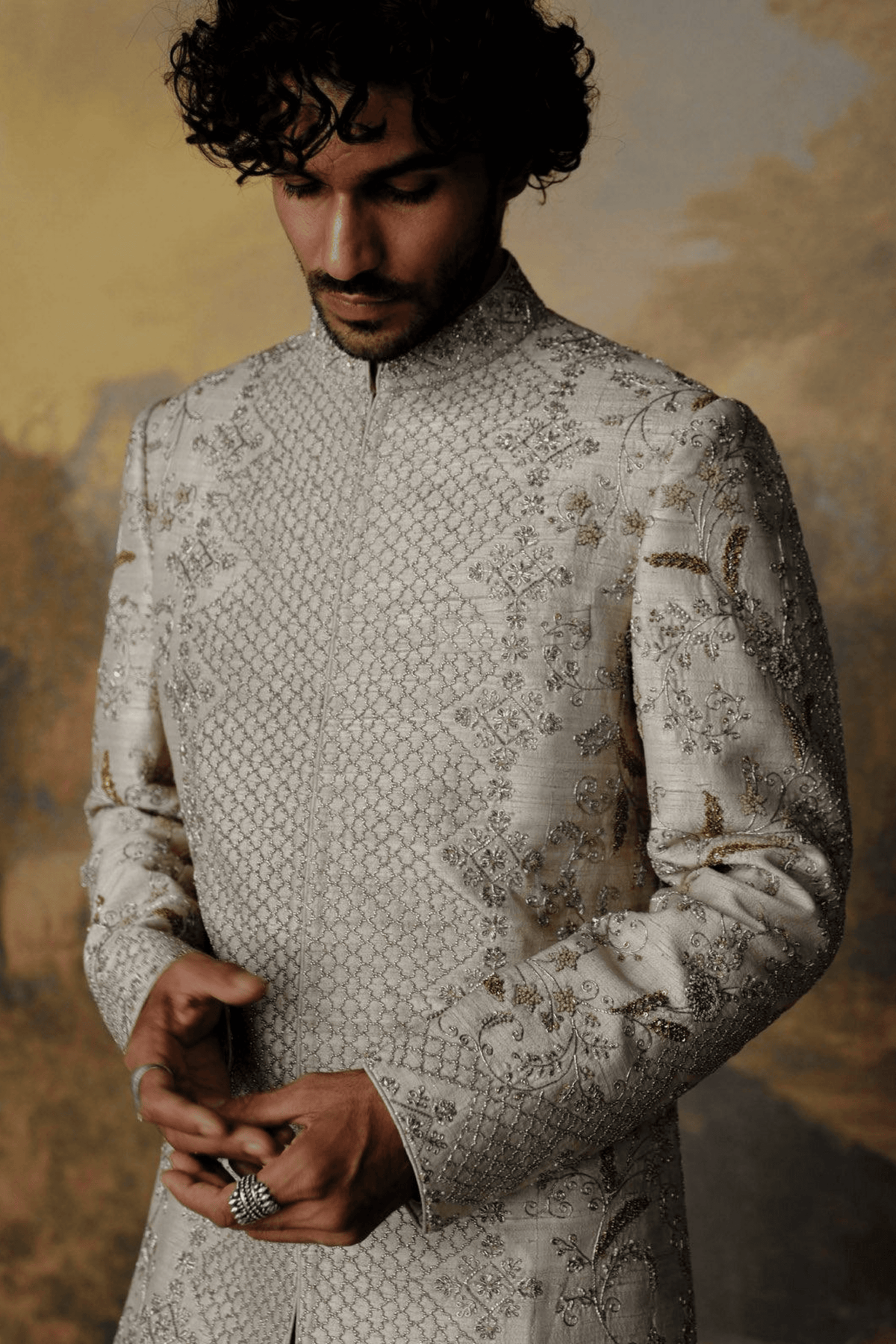 Beige Embroidered Sherwani Set