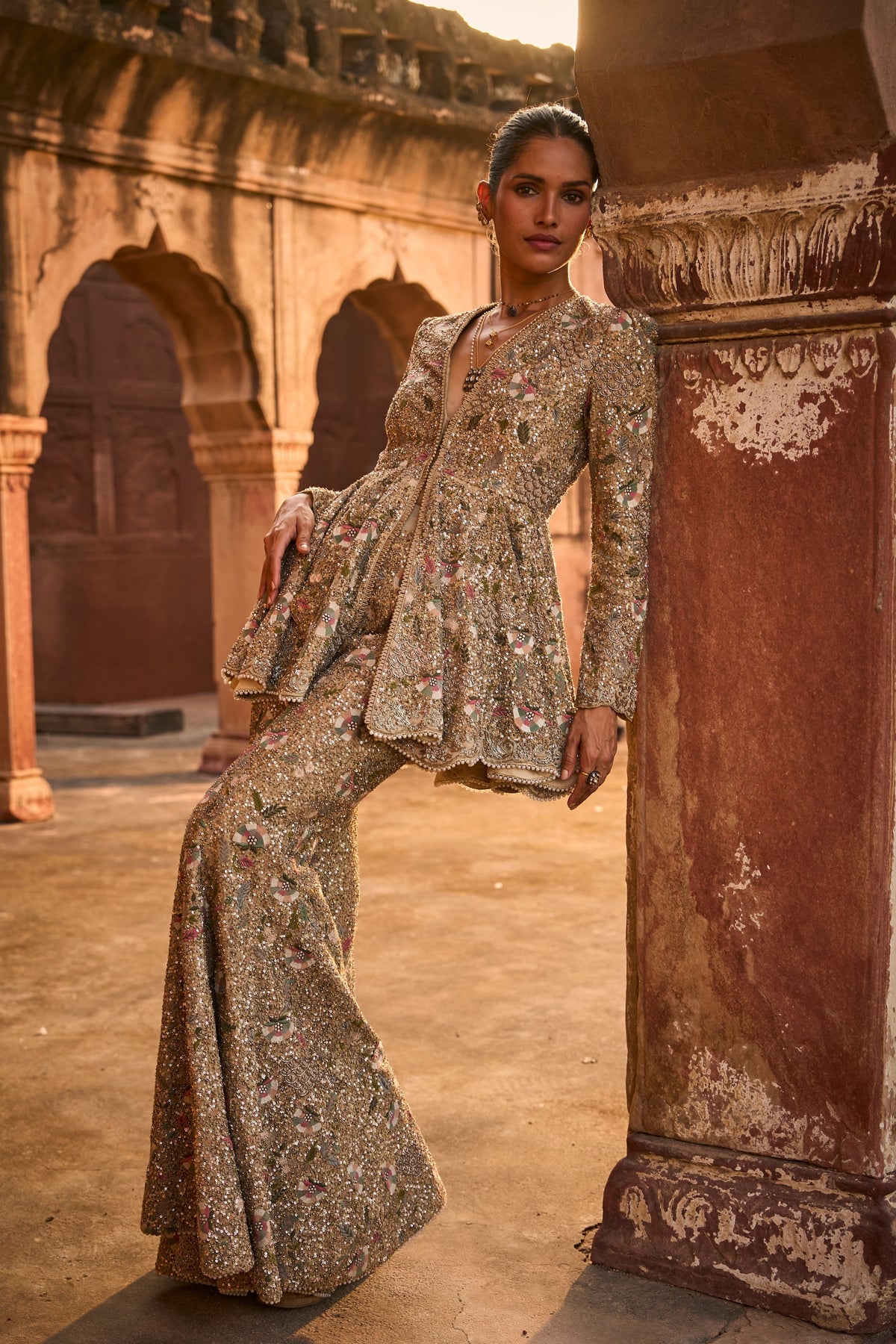 Embroidered Golden Beige Sharara Set