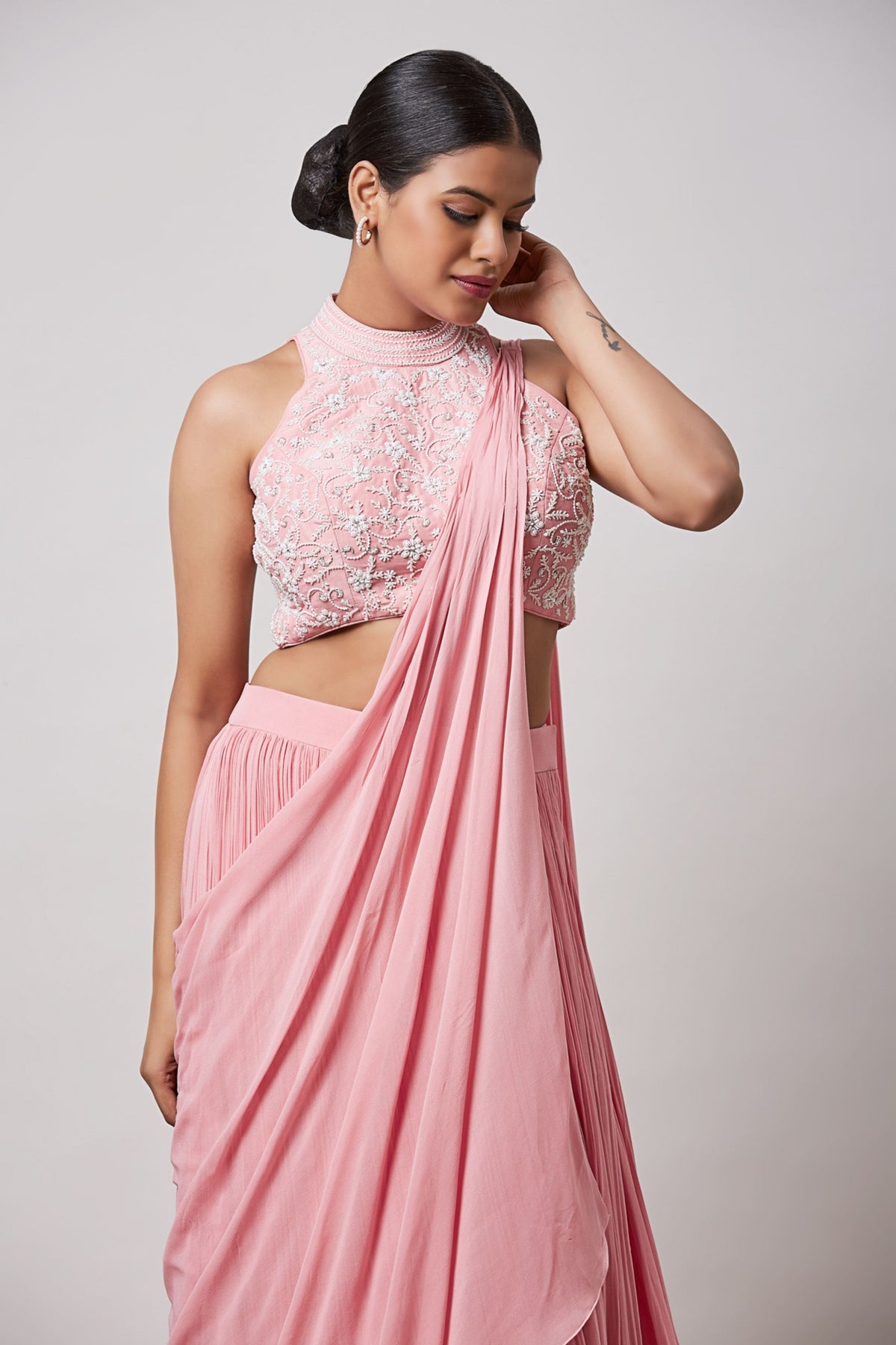 Pink  Pre Drape Saree