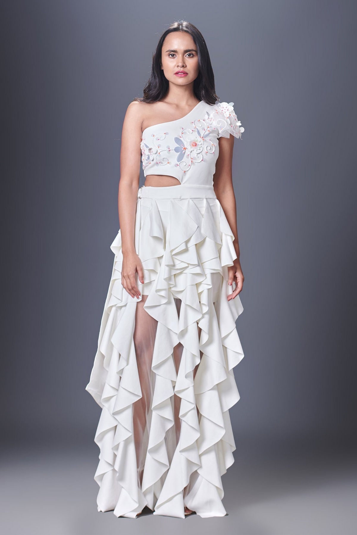 White One Shoulder  Ruffle Dress