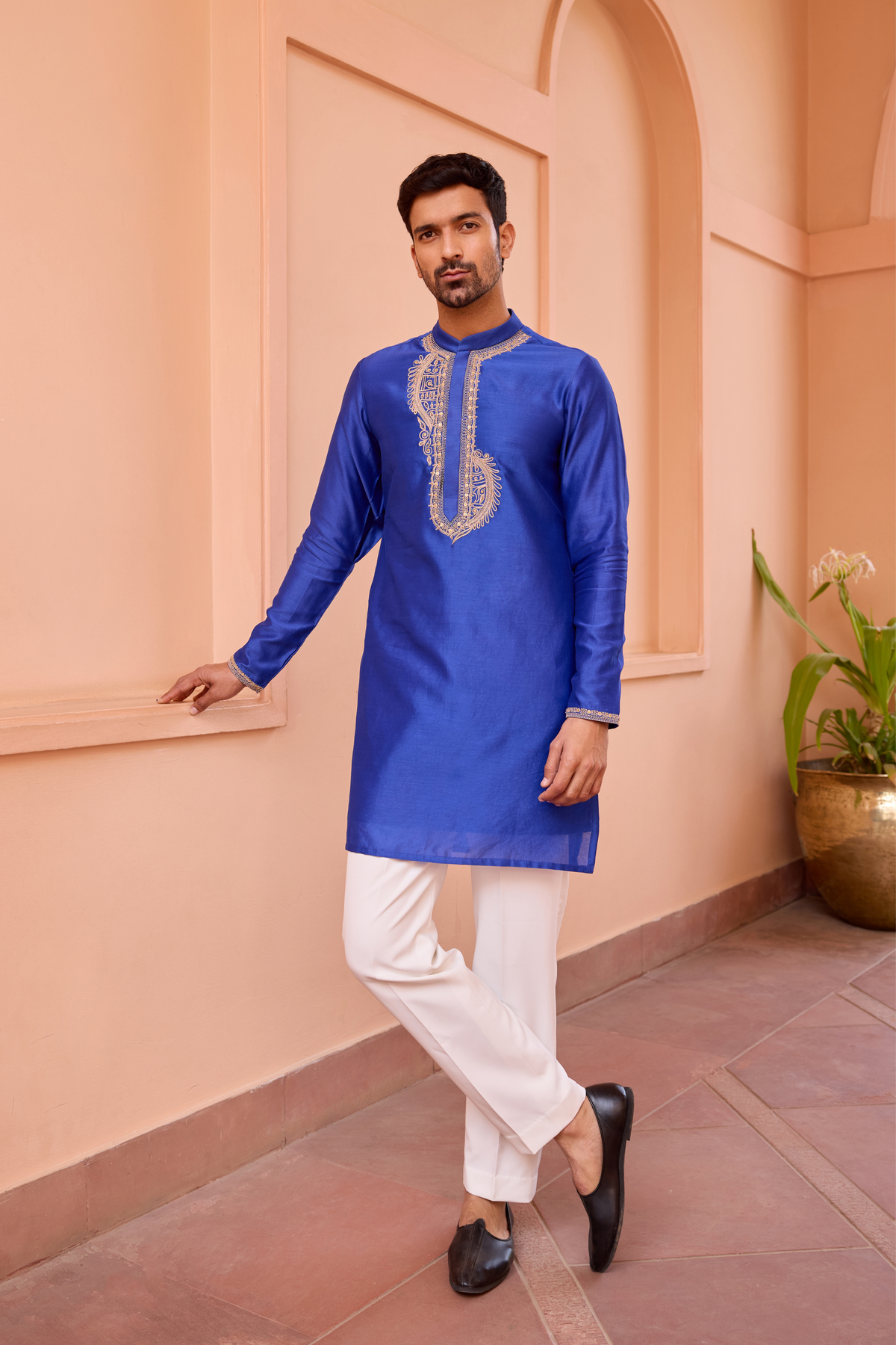 Blue dori and hand embroidered silk kurta