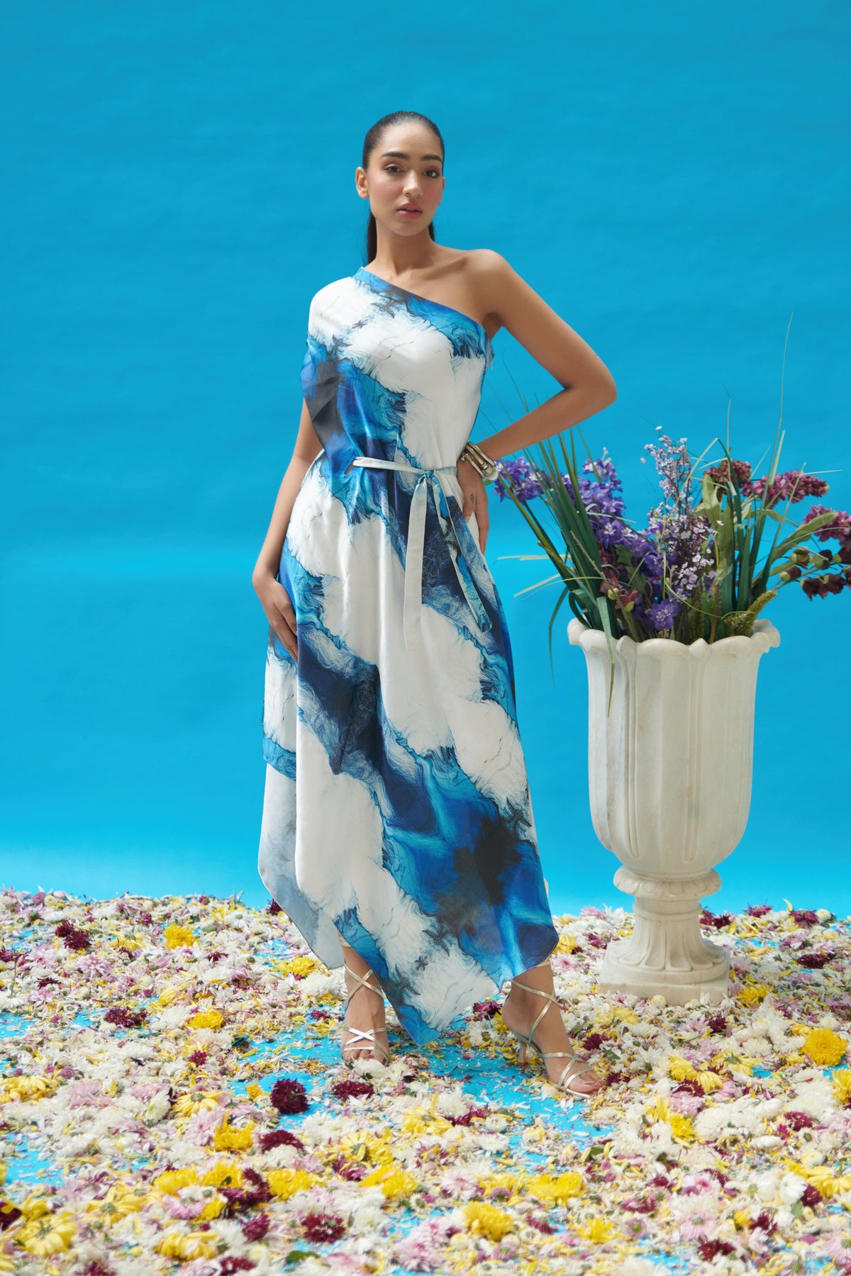 Blue Wave One Shoulder Long Dress