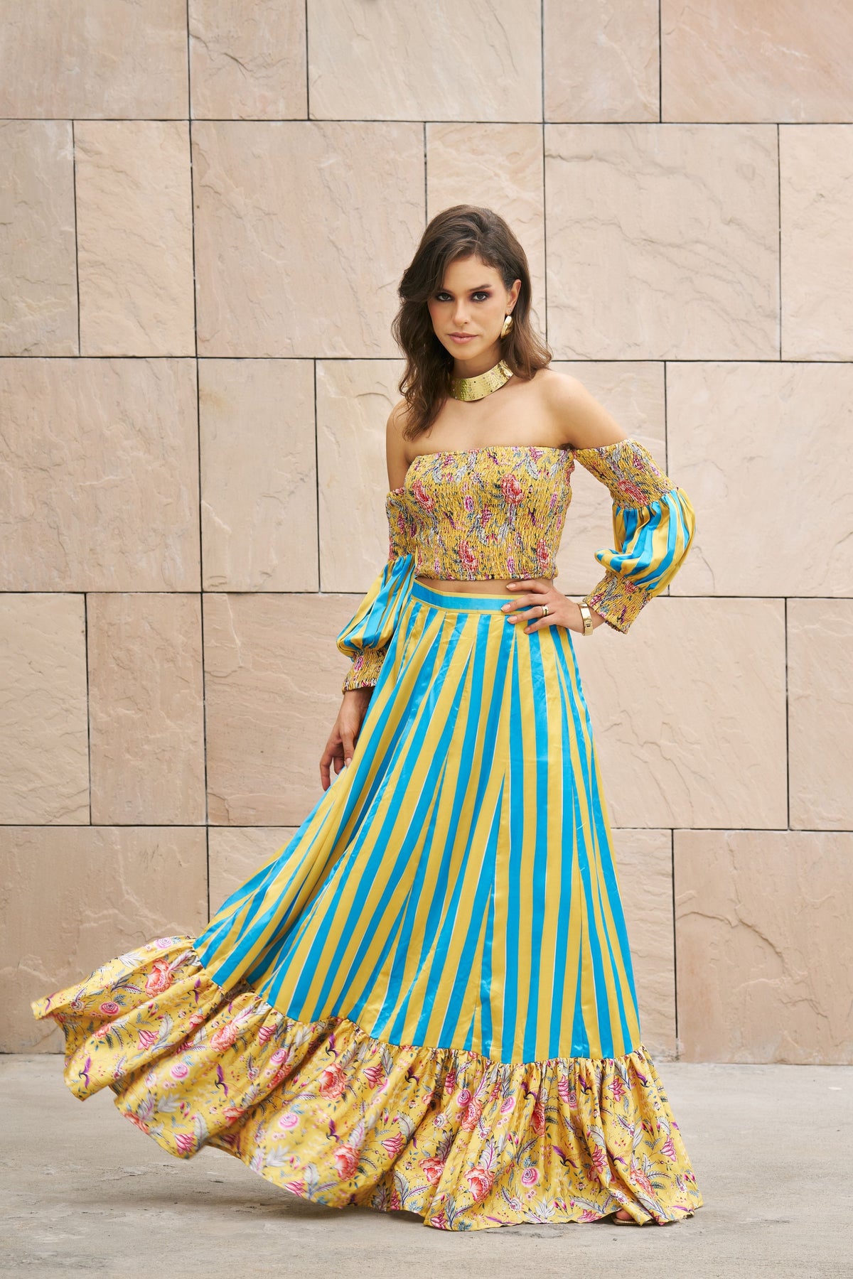 Yellow Crop Top With Stripe Maxi Skirt