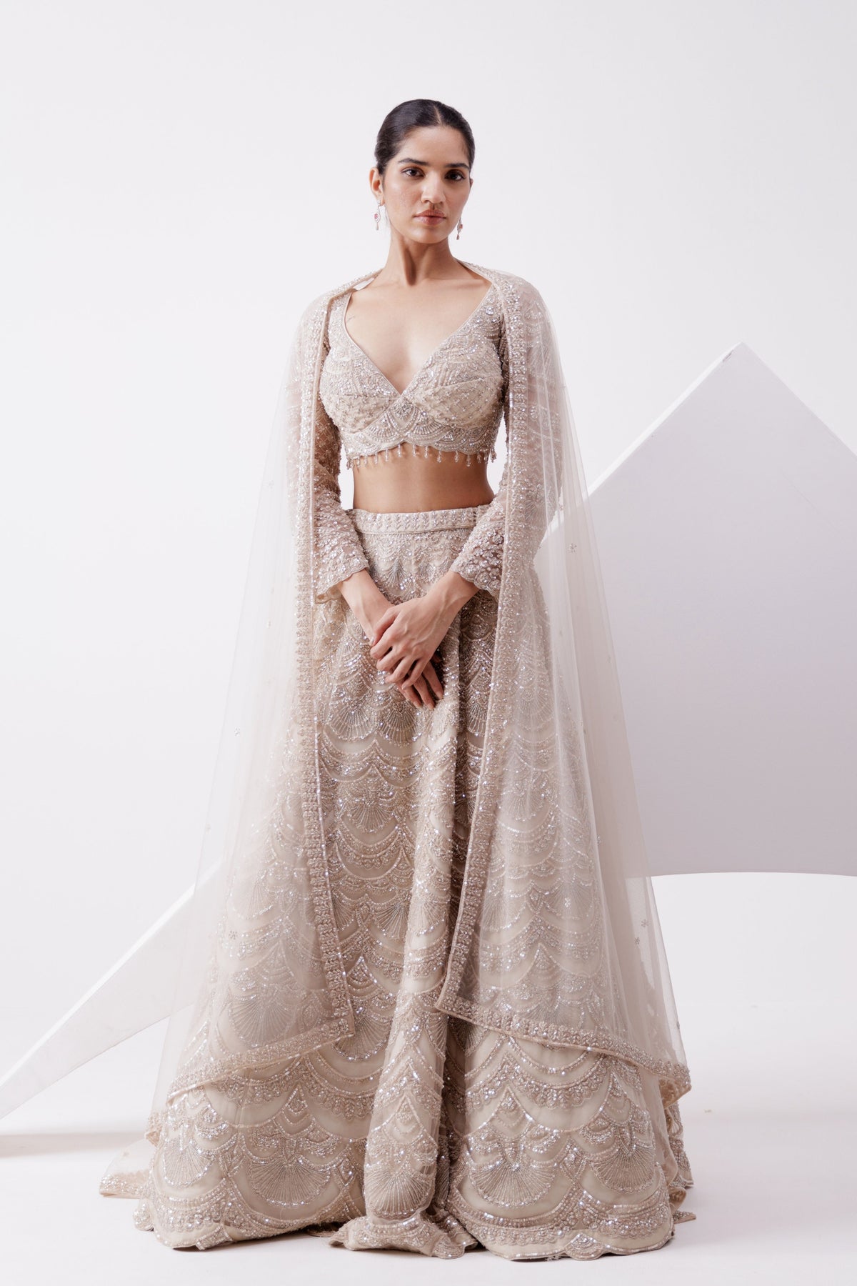 Beige Net Embroidered Lehenga