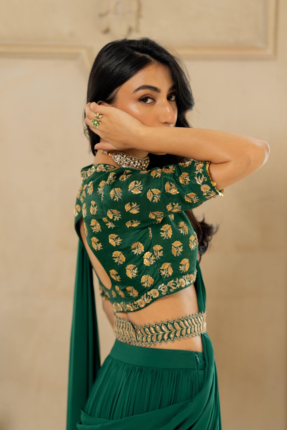 Emerald Green Antique Tone Saree Set